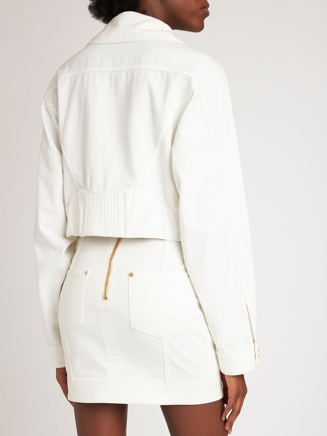 Shop Balmain Cotton Denim Buttoned Crop Jacket In White
