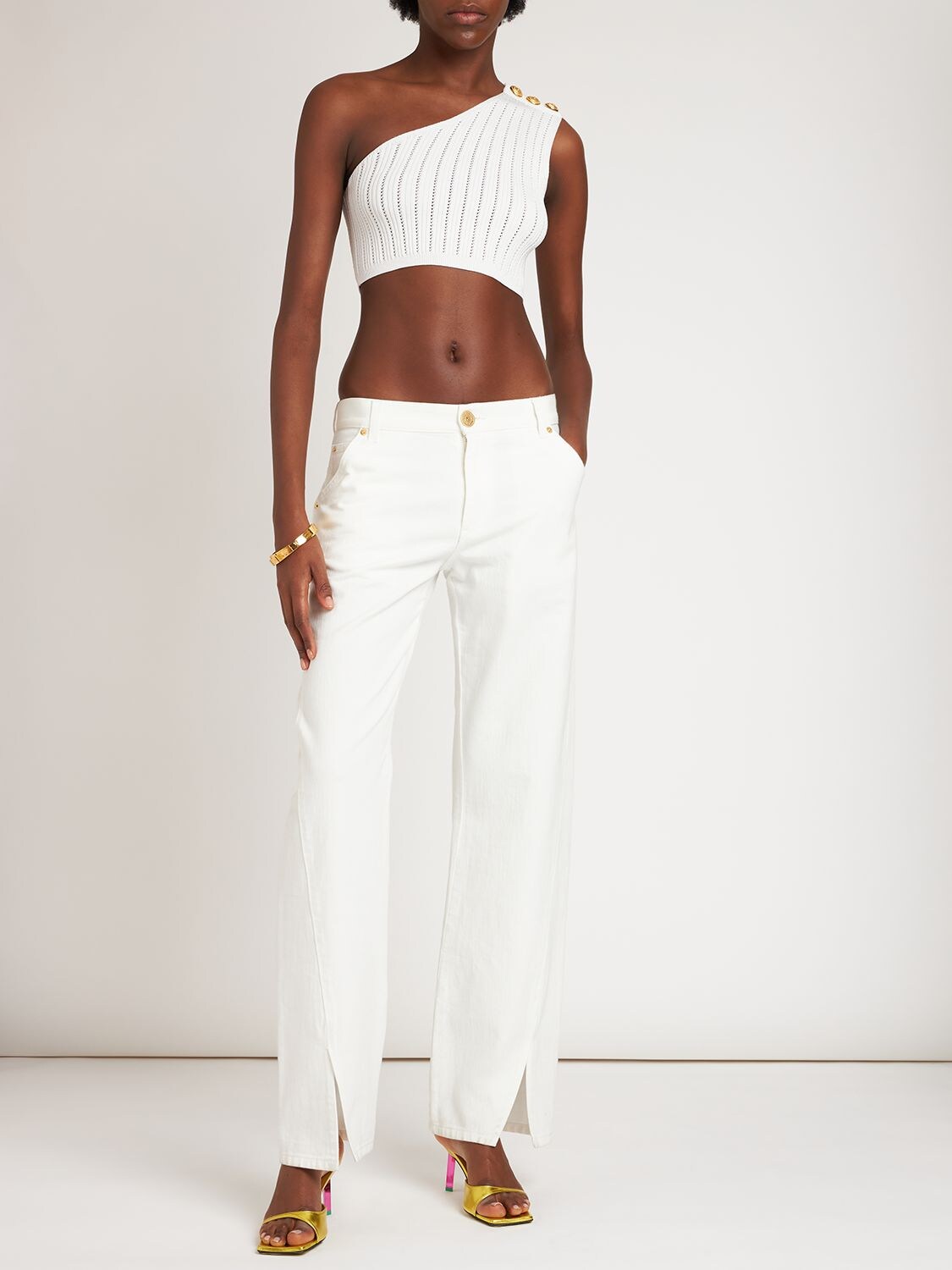 Shop Balmain Asymmetric Ribbed Knit Crop Top In White