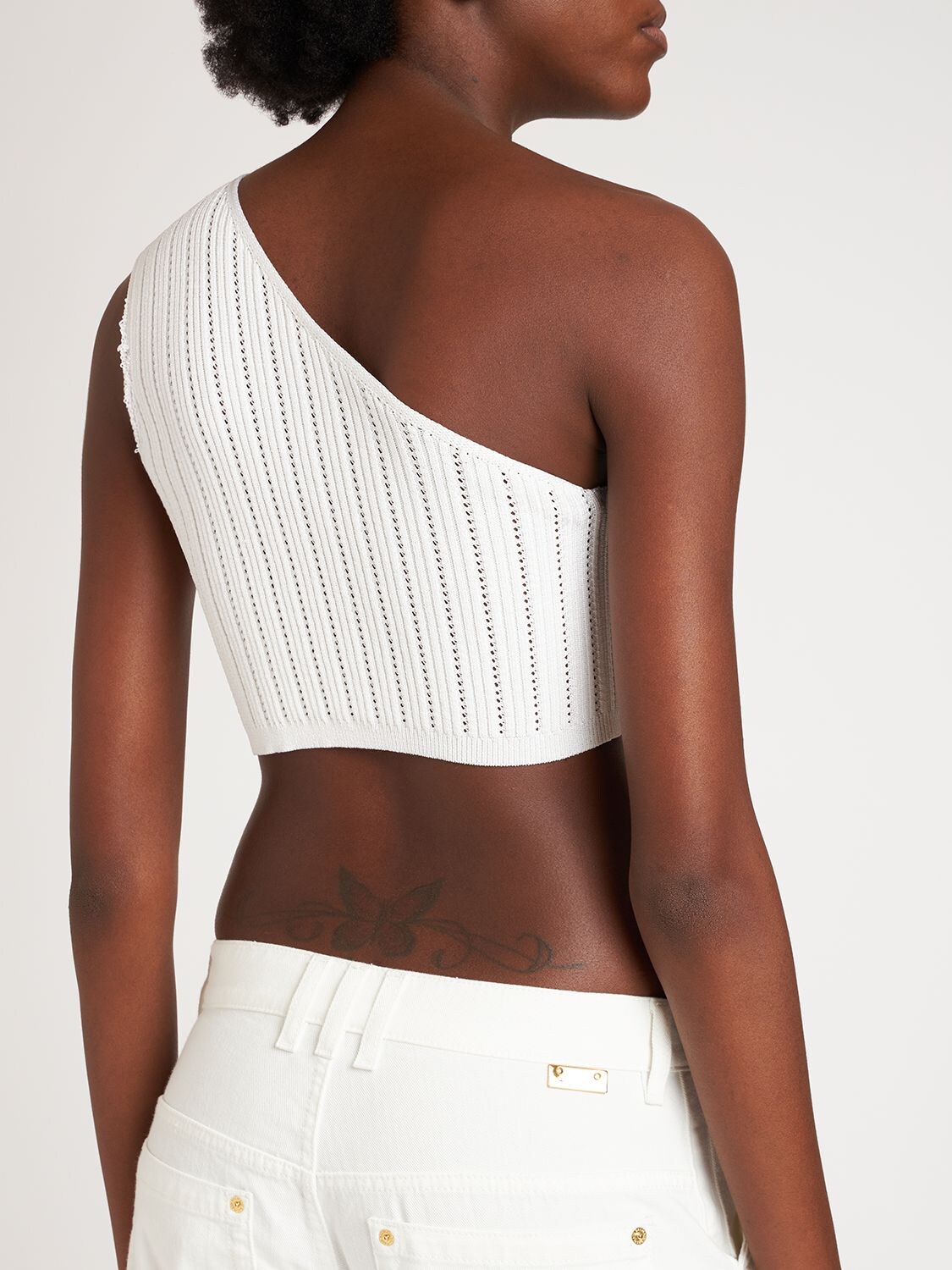 Shop Balmain Asymmetric Ribbed Knit Crop Top In White