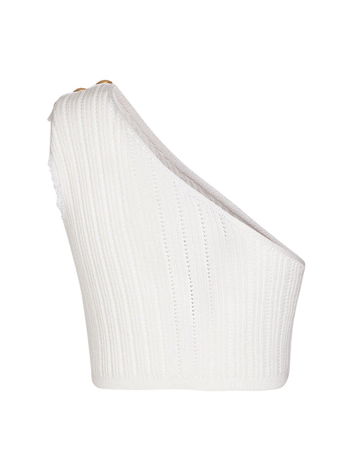 Shop Balmain Asymmetric Ribbed Knit Crop Top In White