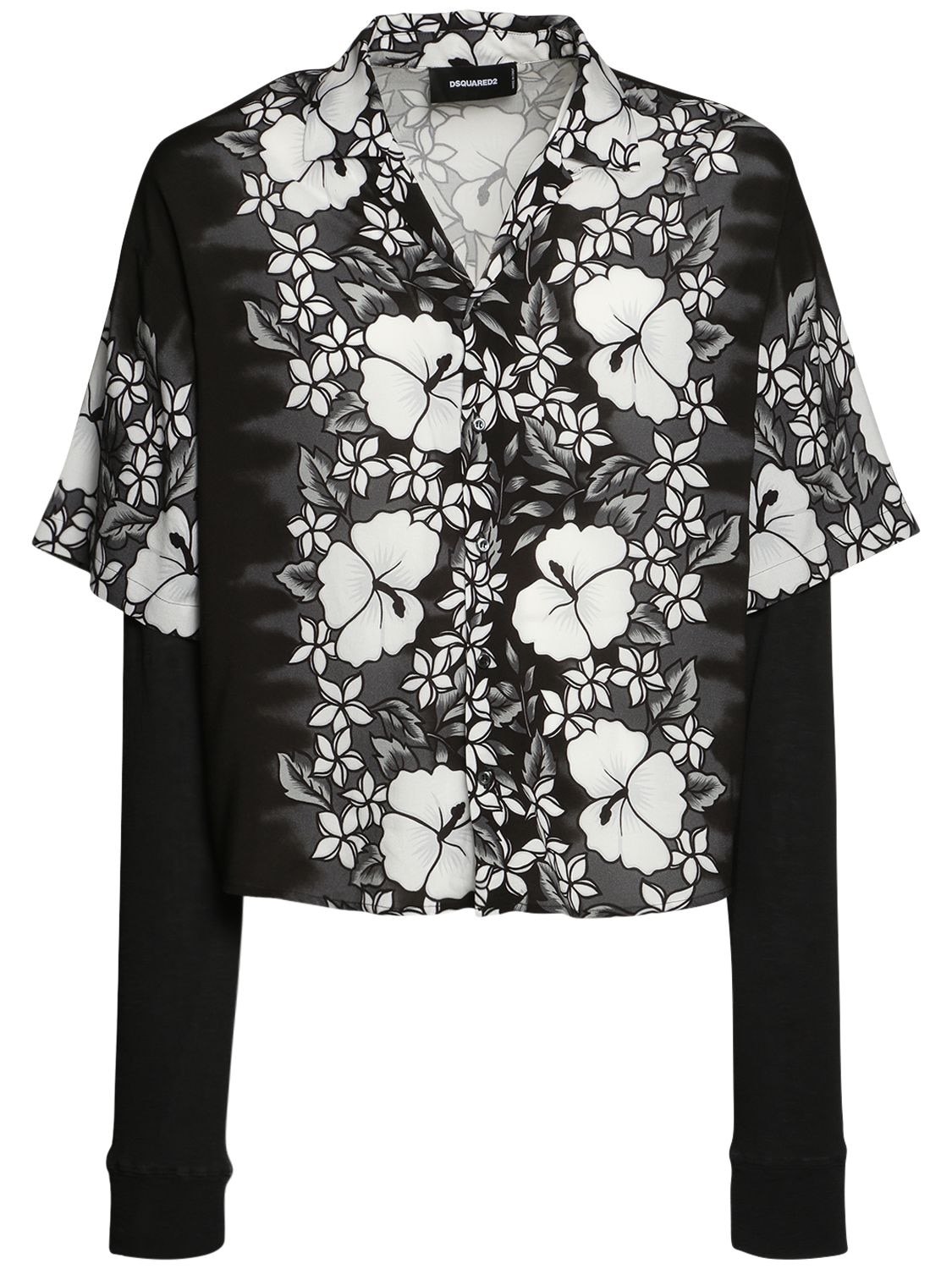 Dsquared2 Double-layered Bowling Shirt With Floral Pattern In Black,white