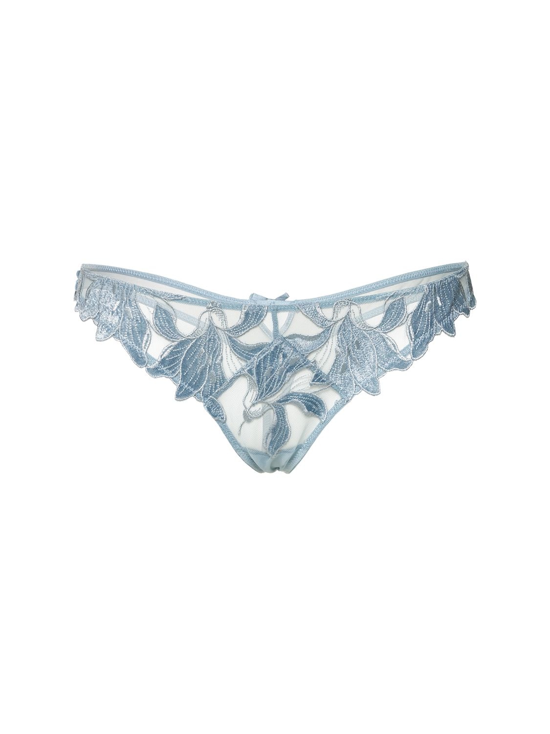 Fleur Du Mal Lily Velvet-trimmed Embroidered Tulle Thong In Light Blue