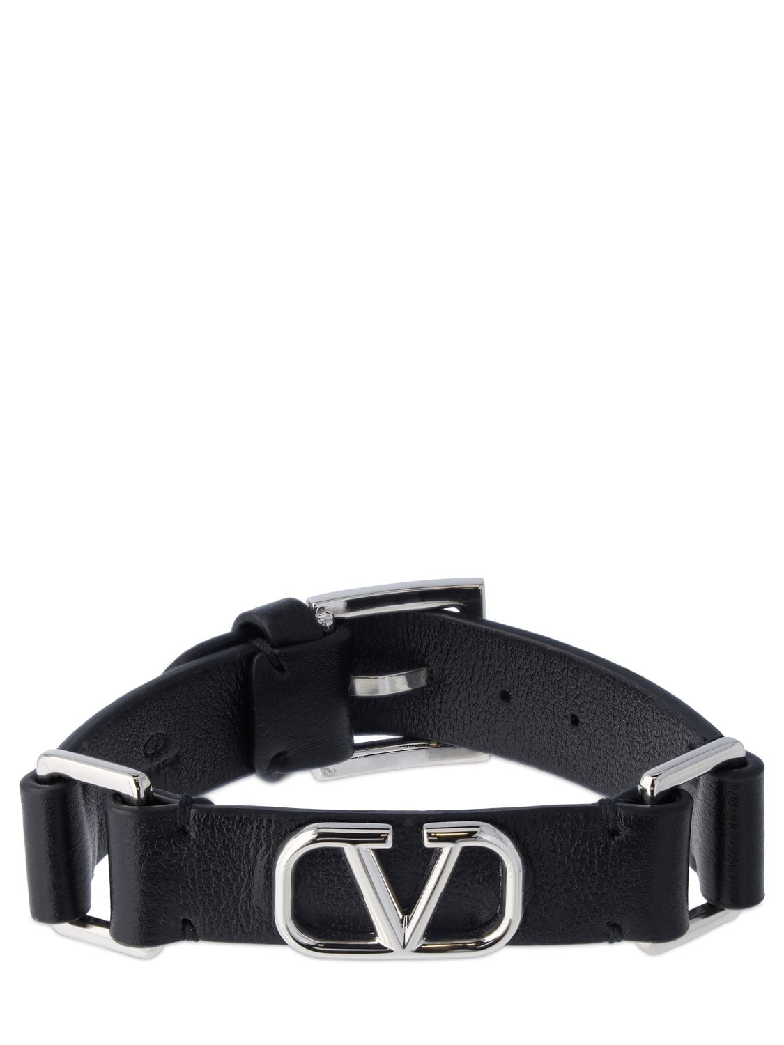 Valentino Garavani V Logo Signature Leather Belt Bracelet In Black,silver