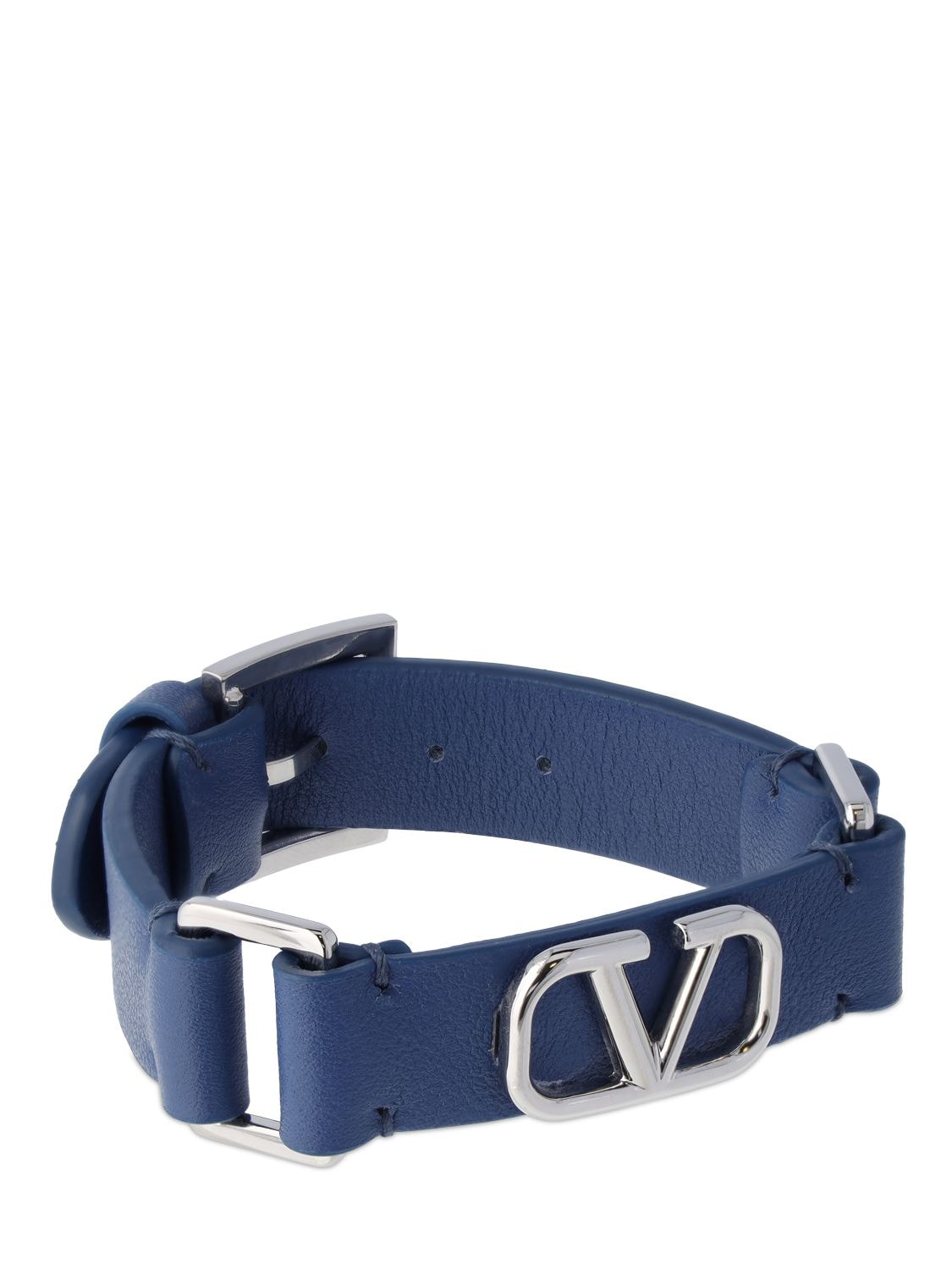 Shop Valentino V Logo Signature Leather Belt Bracelet In Blue,silver