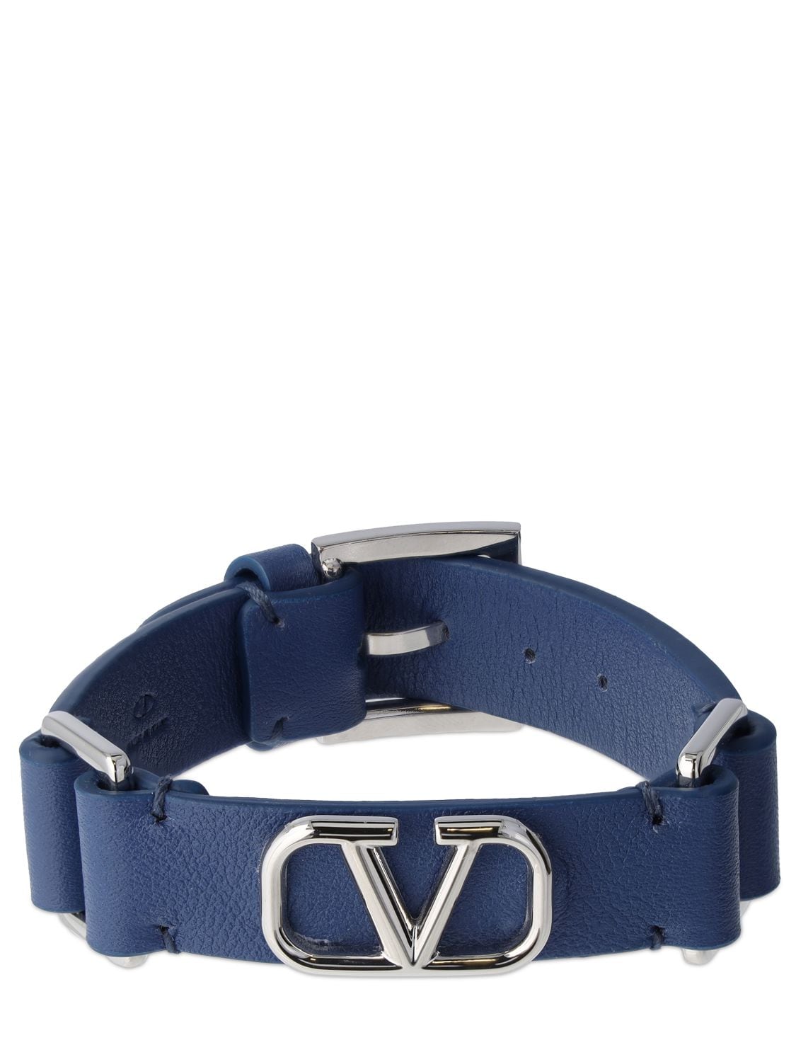 Valentino Garavani V Logo Signature皮革手链 In Blue,silver