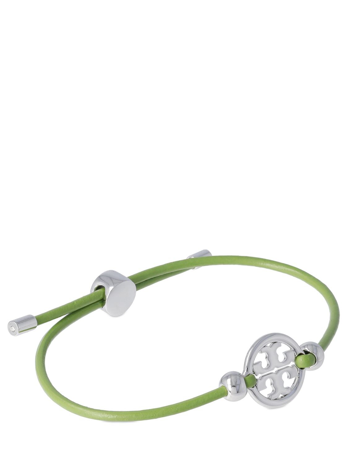Shop Tory Burch Miller Slider Leather Bracelet In Green,silver