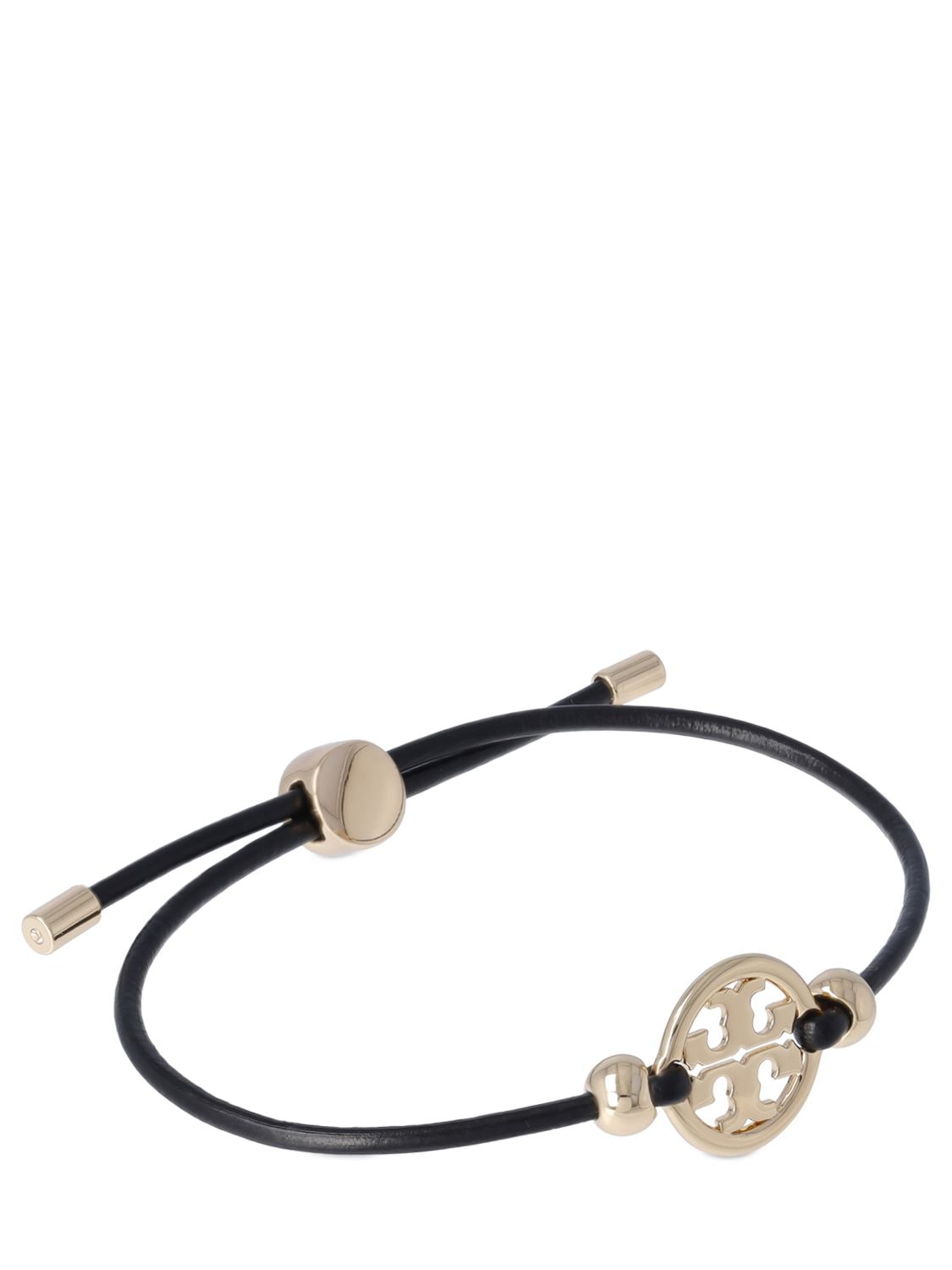 Shop Tory Burch Miller Slider Leather Bracelet In Black,gold