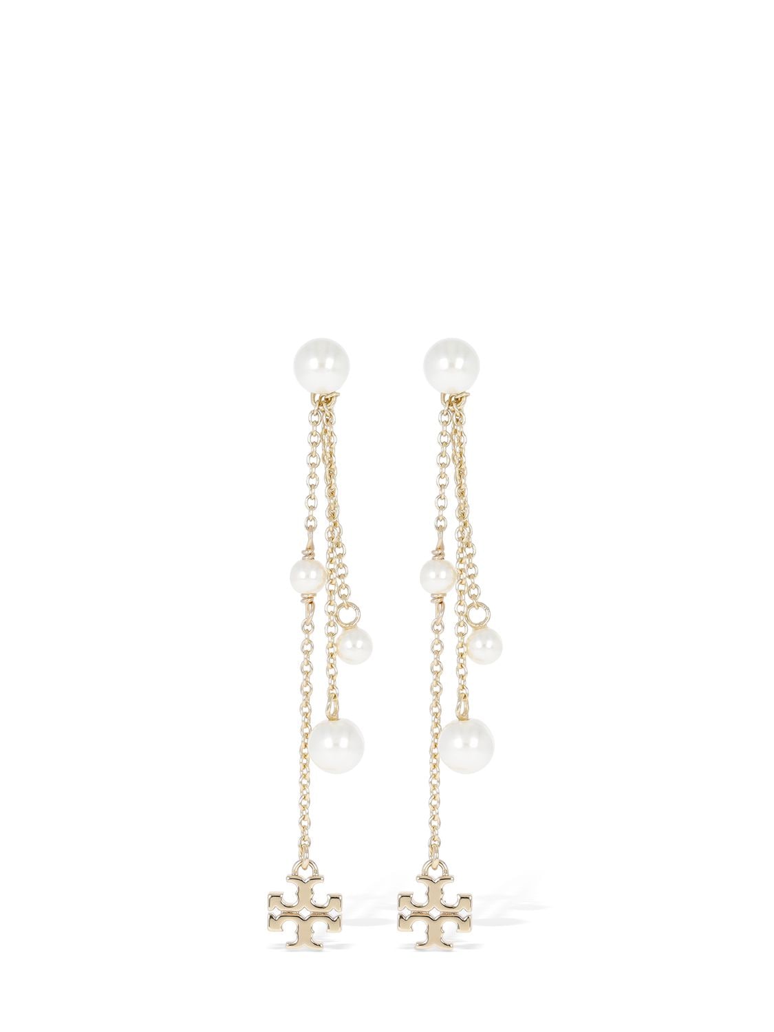Tory Burch Kira Faux Pearl Linear Earrings In Gold,white