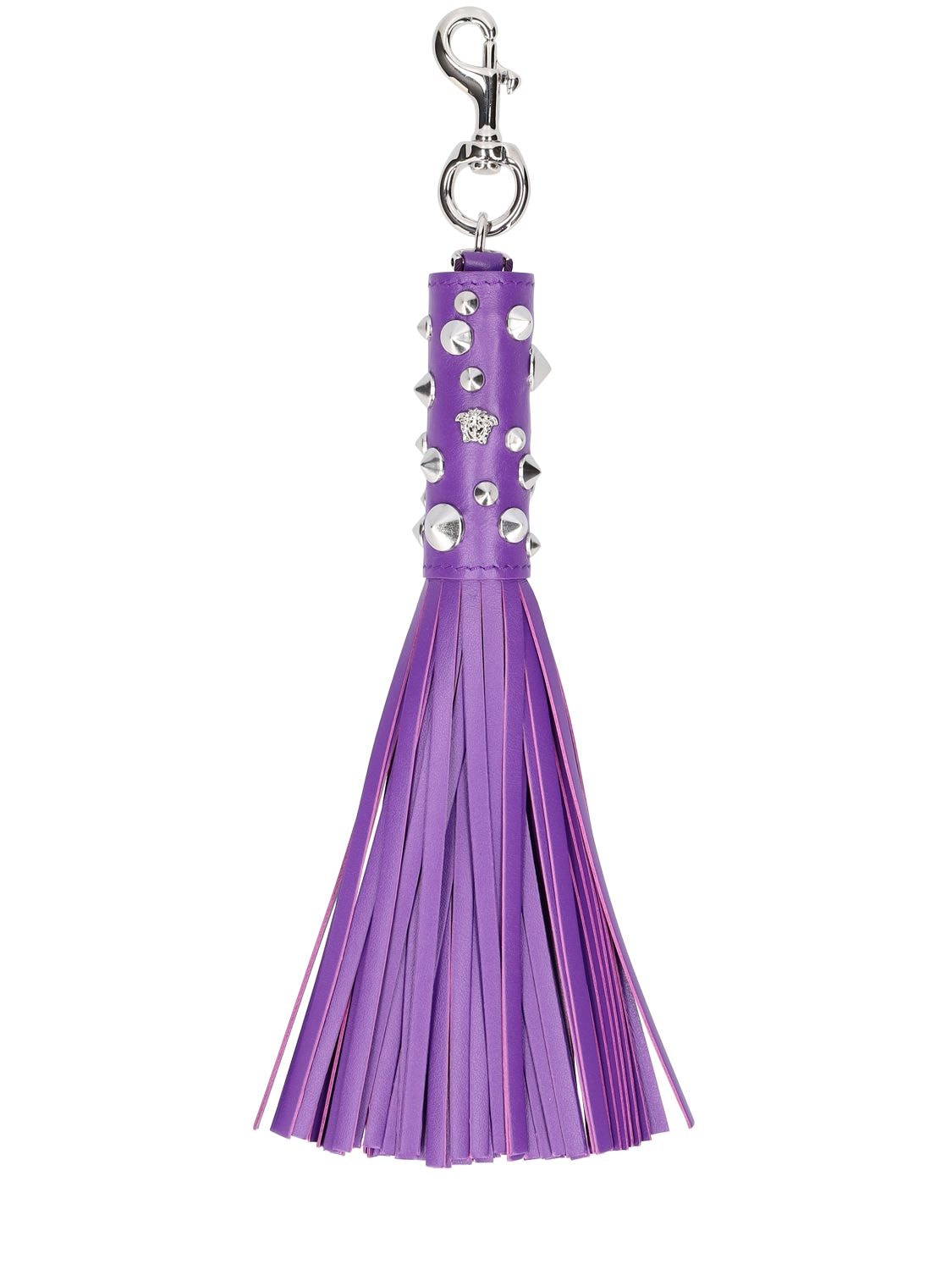 Versace Studded Leather Charm W/ Fringes In Dark Orchid