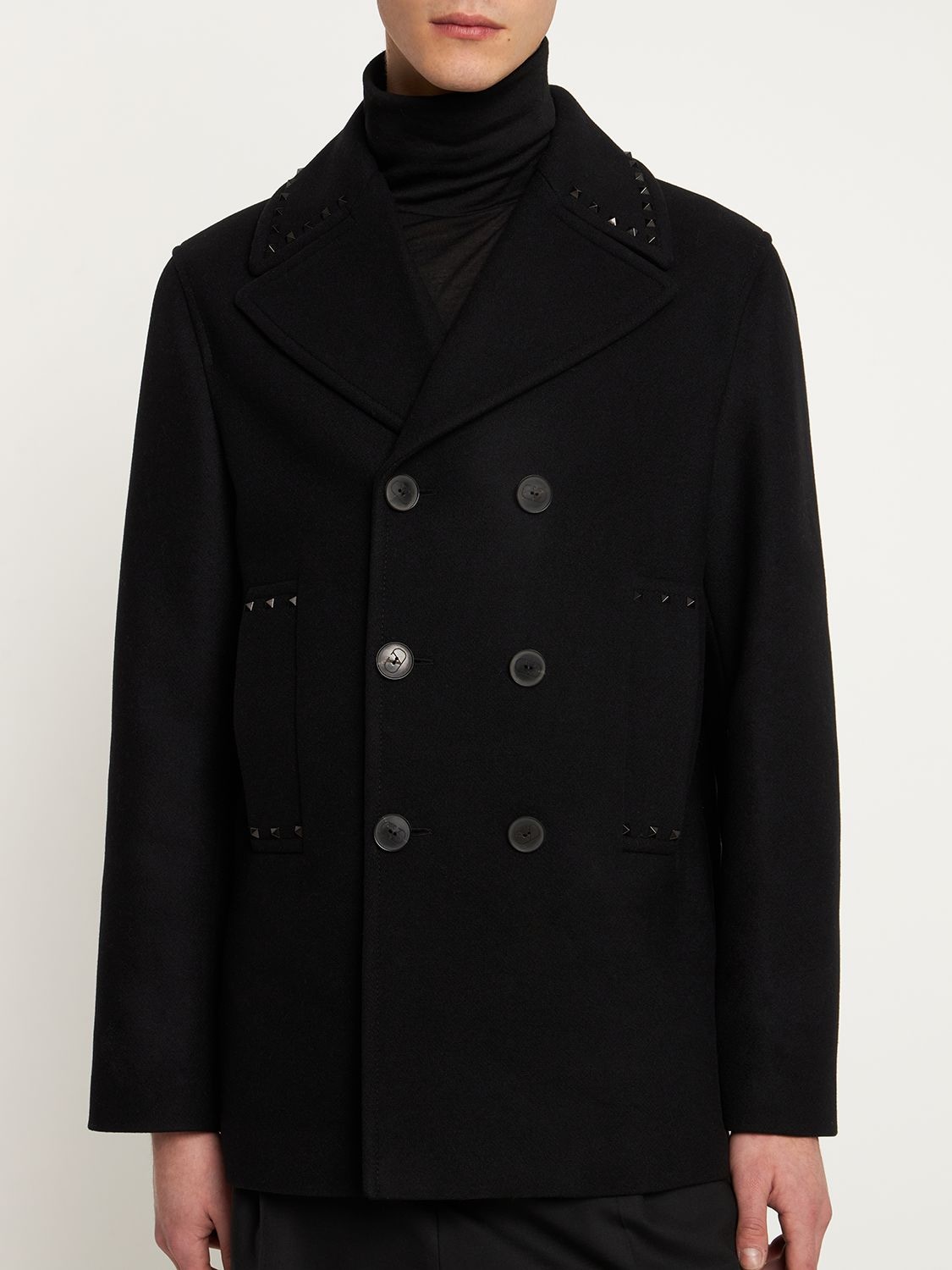 Shop Valentino Untitled Wool Peacoat In Black