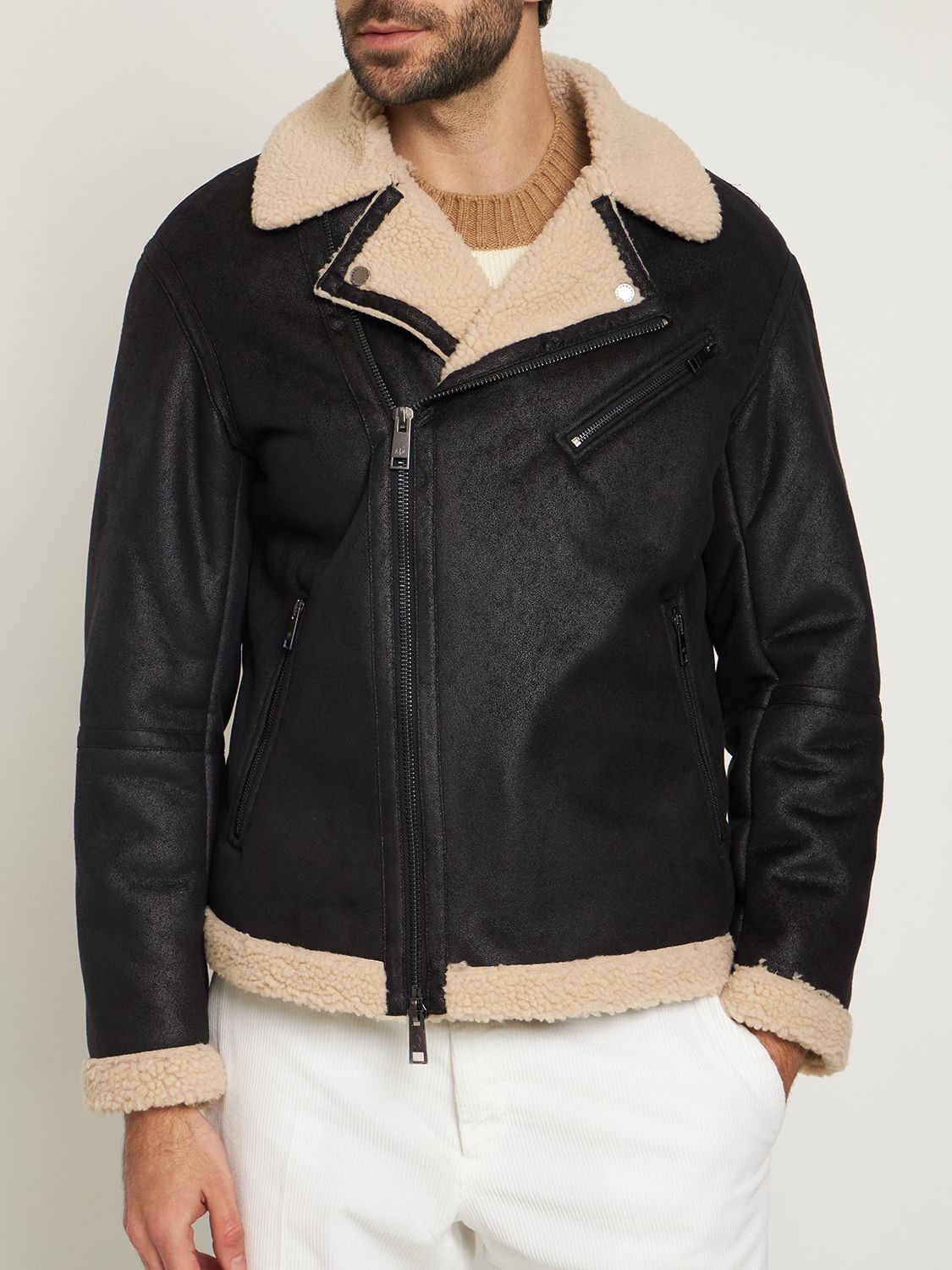 levend Ruïneren smal Armani Exchange Faux Suede Fleece Lined Moto Jacket In Black,beige |  ModeSens