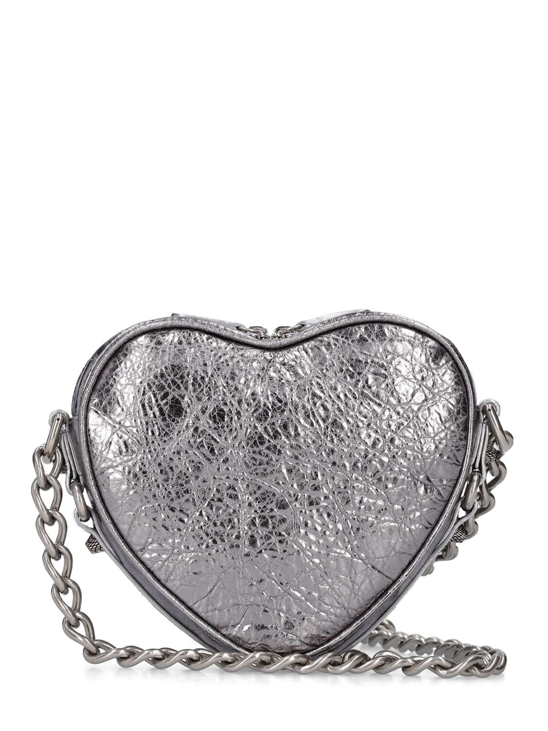 Shop Balenciaga Mini Cagole Heart Leather Chain Wallet In Silver