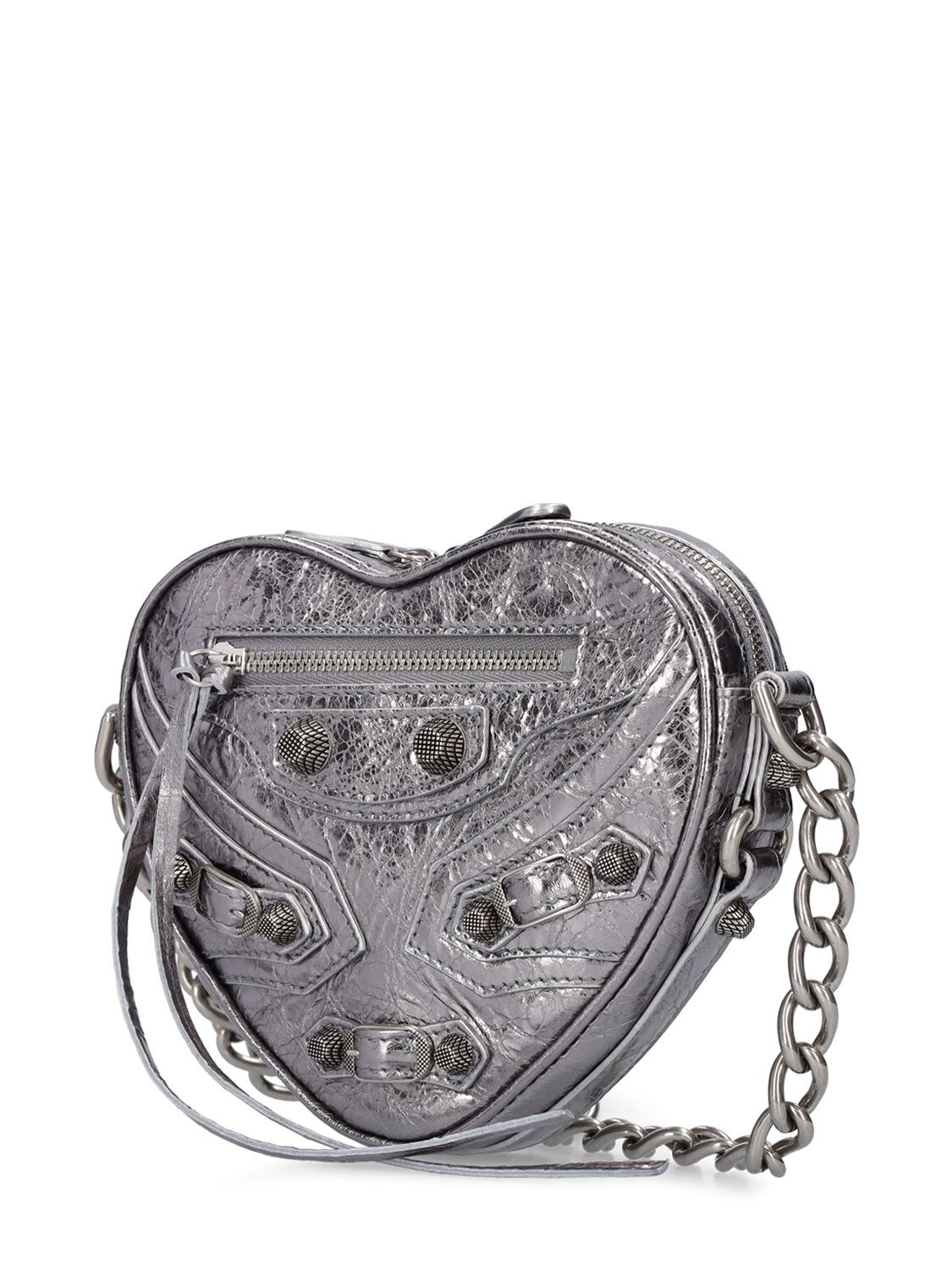 Shop Balenciaga Mini Cagole Heart Leather Chain Wallet In Silver