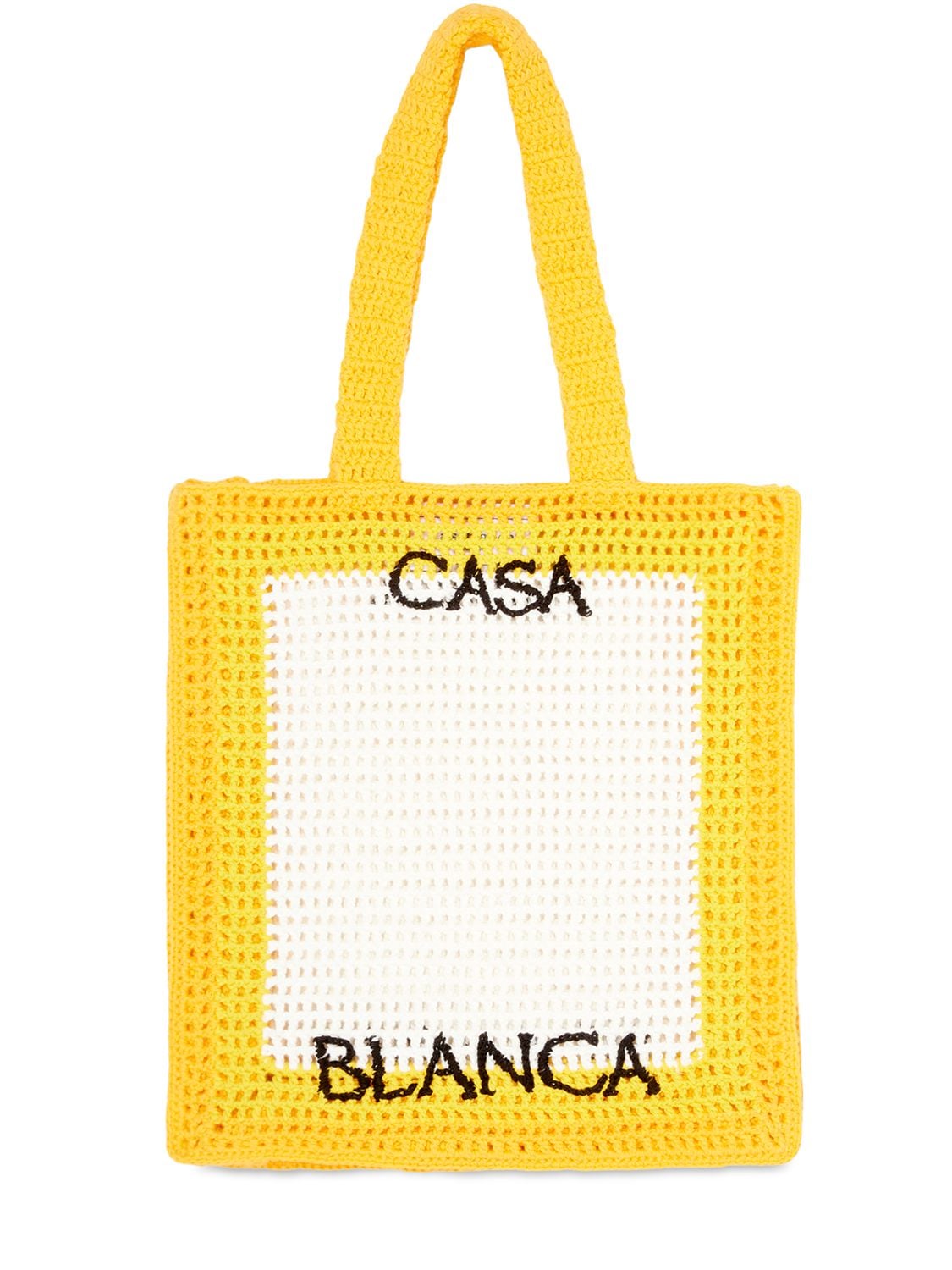 Casablanca Logo Cotton Crochet Tote Bag In White,yellow
