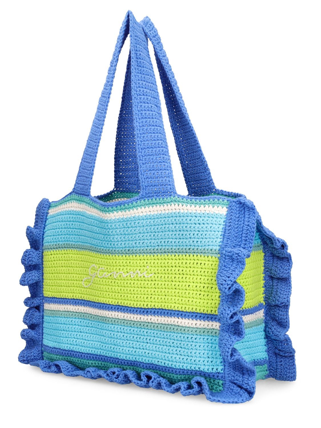 Ganni Blue Crochet Frill Tote Bag | ModeSens