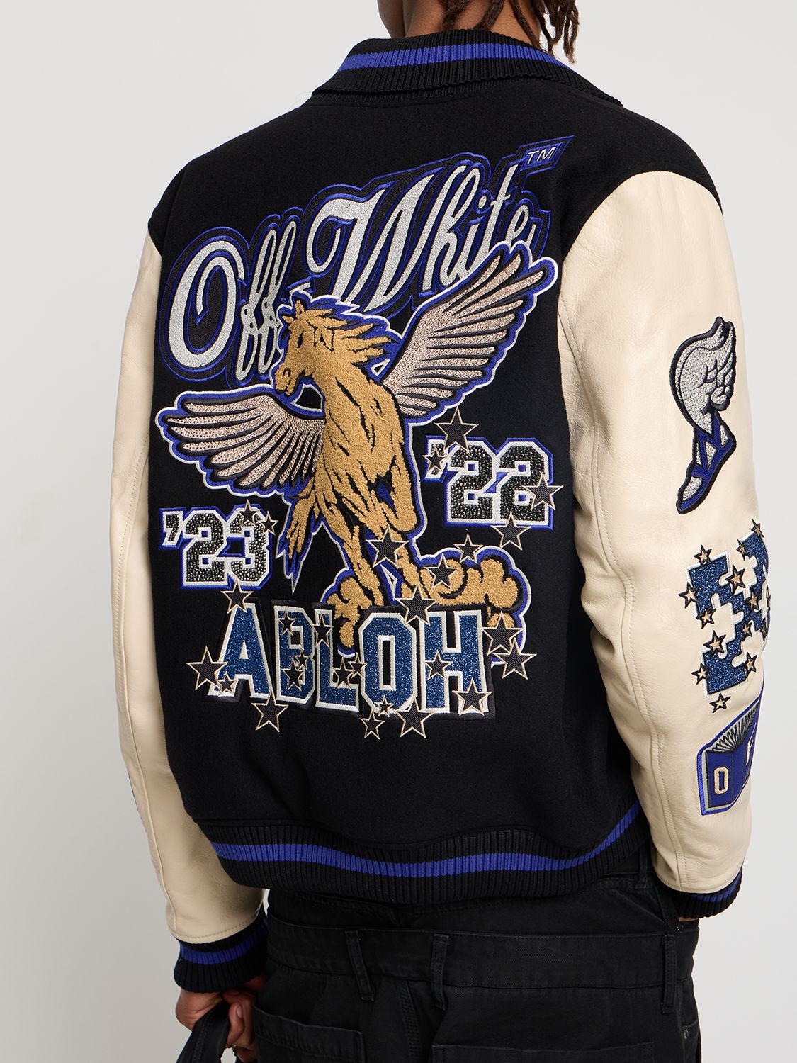 Shop Off-white Embroidered Leather Varsity Jacket In Black,blue