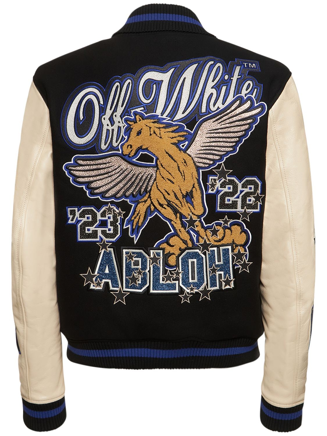 Shop Off-white Embroidered Leather Varsity Jacket In Black,blue