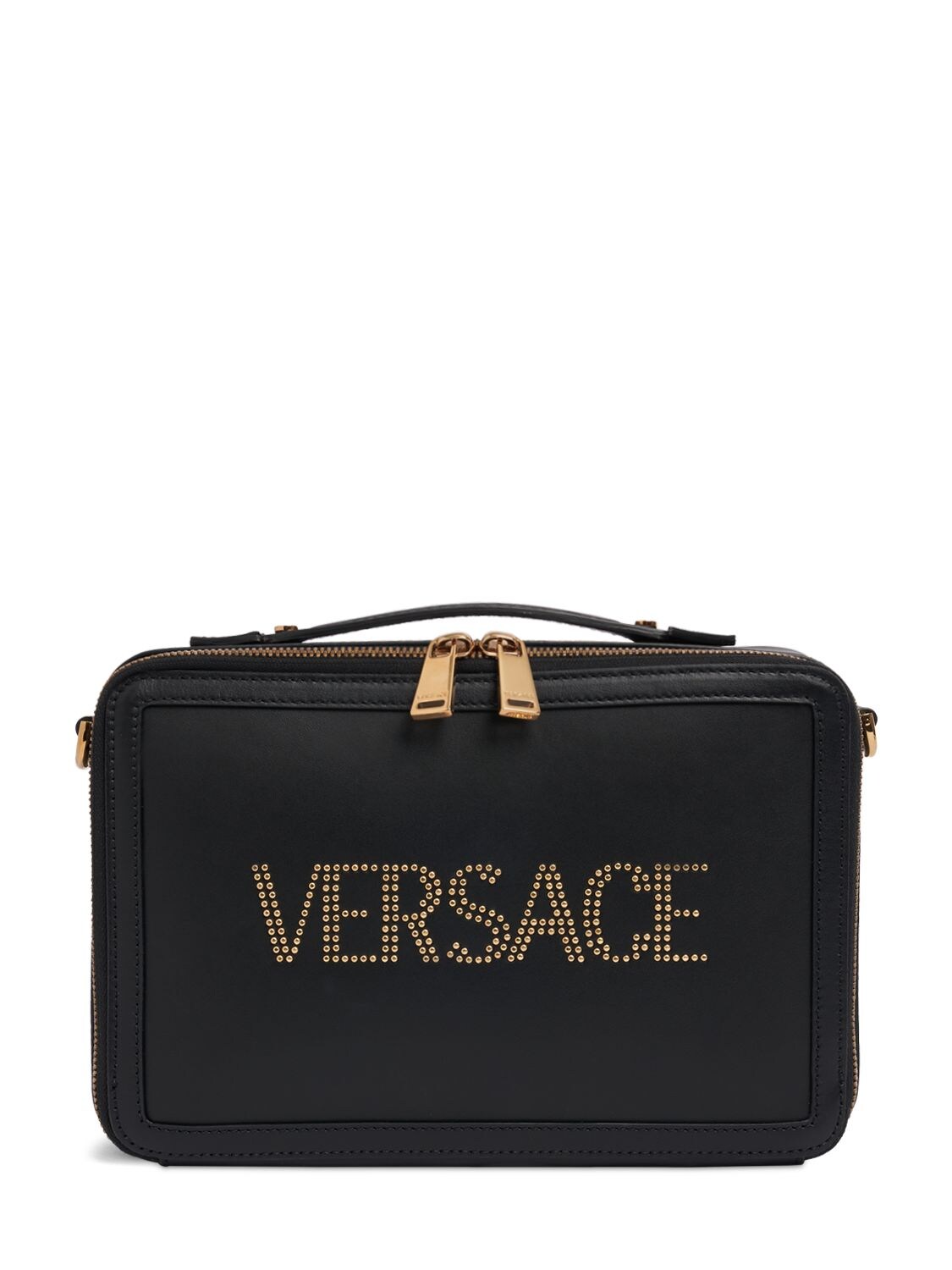 Versace Studded Logo Leather Crossbody Bag In Black,gold