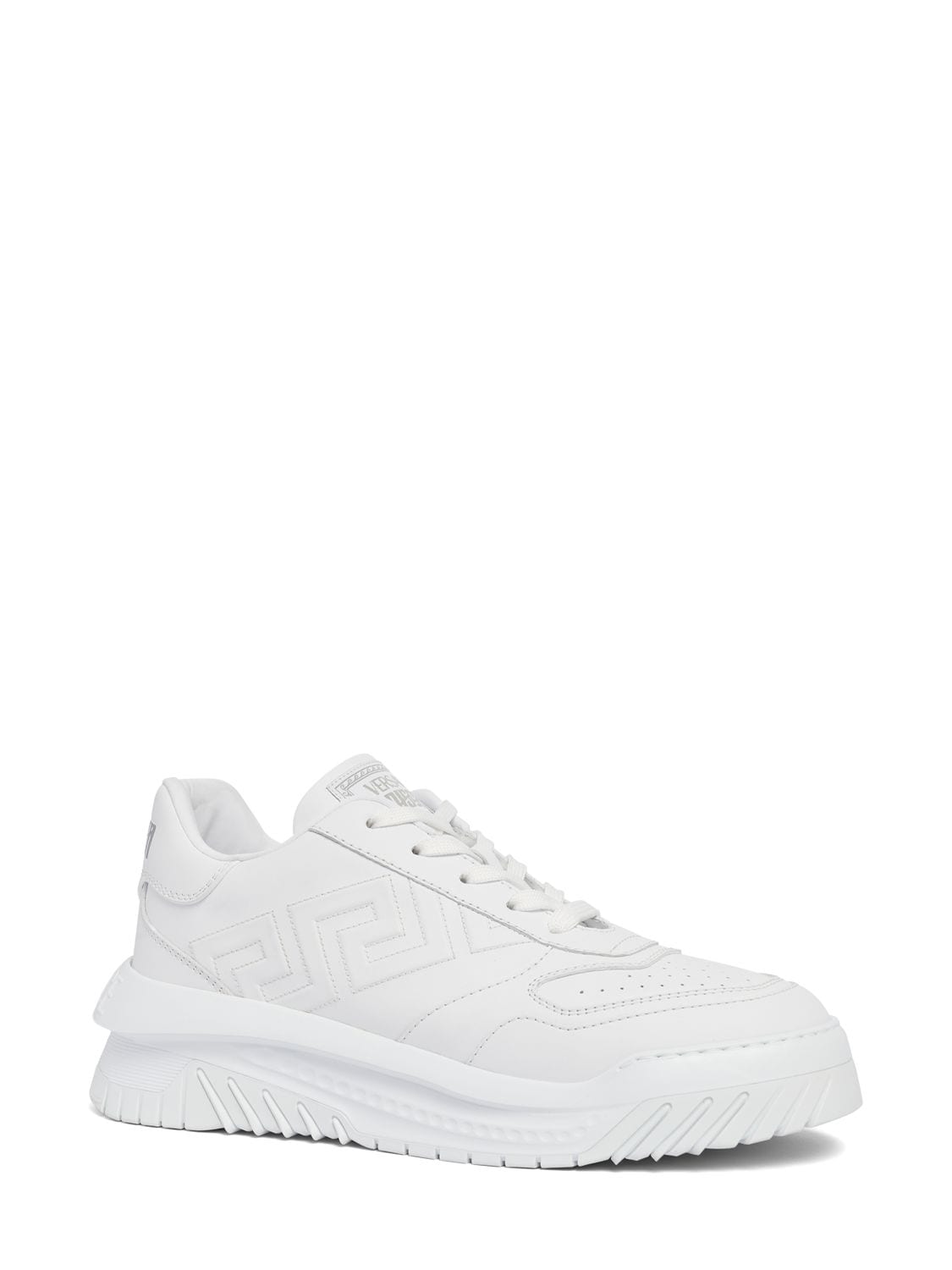 Shop Versace Leather Sneakers In White