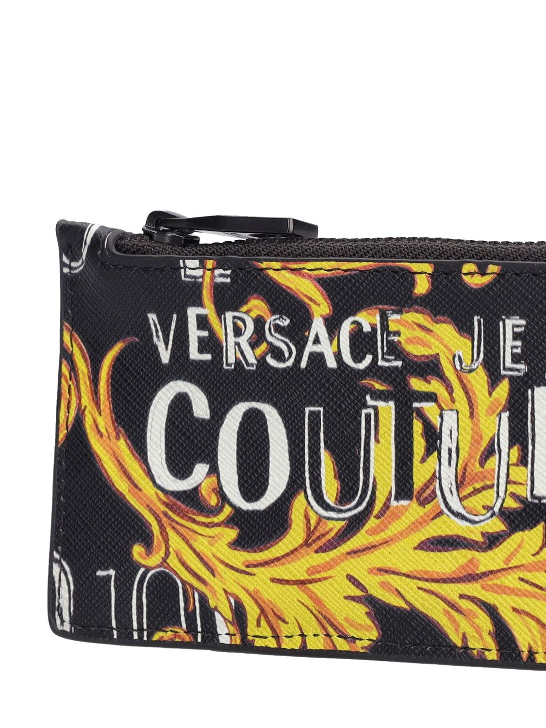 Shop Versace Jeans Couture Baroque Saffiano Leather Zip-up Wallet In Black,gold