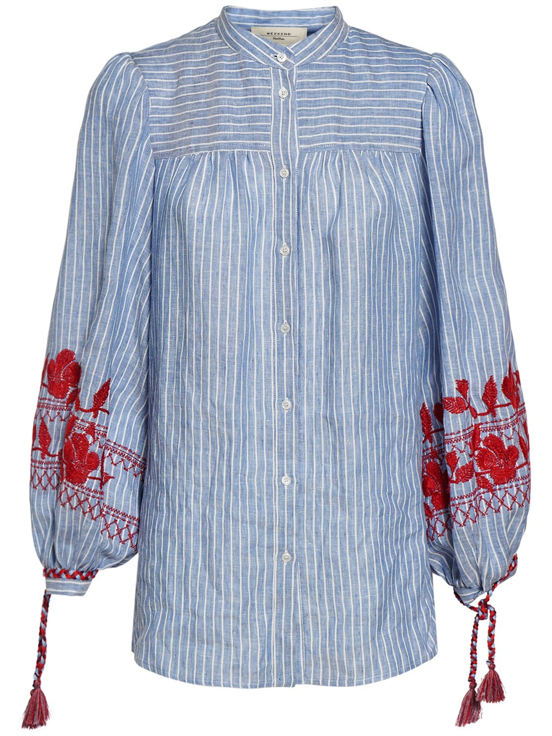 Weekend Max Mara Legno Embroidered Loose Canvas Shirt In Light Blue ...