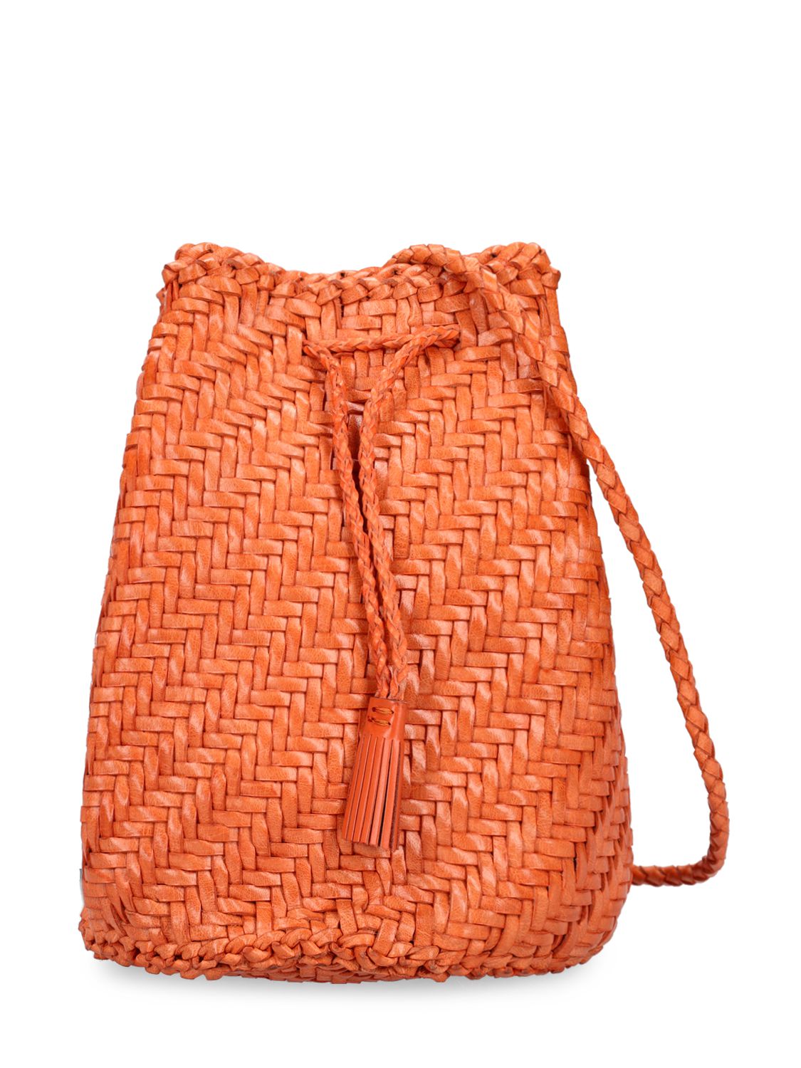 Dragon Diffusion Pompom Doublej Woven Leather Basket Bag In Orange