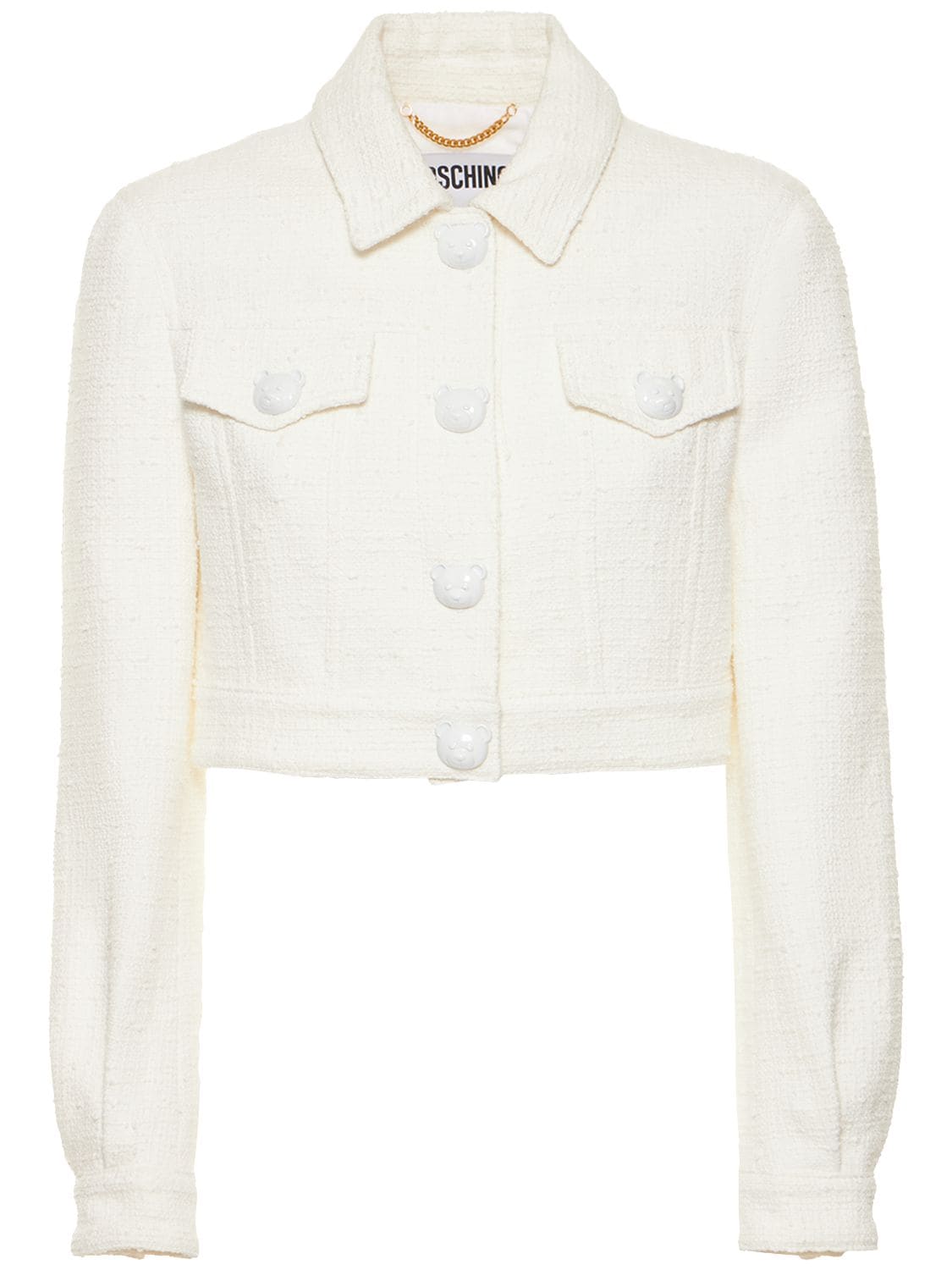 Moschino Cotton Blend Tweed Crop Jacket In White