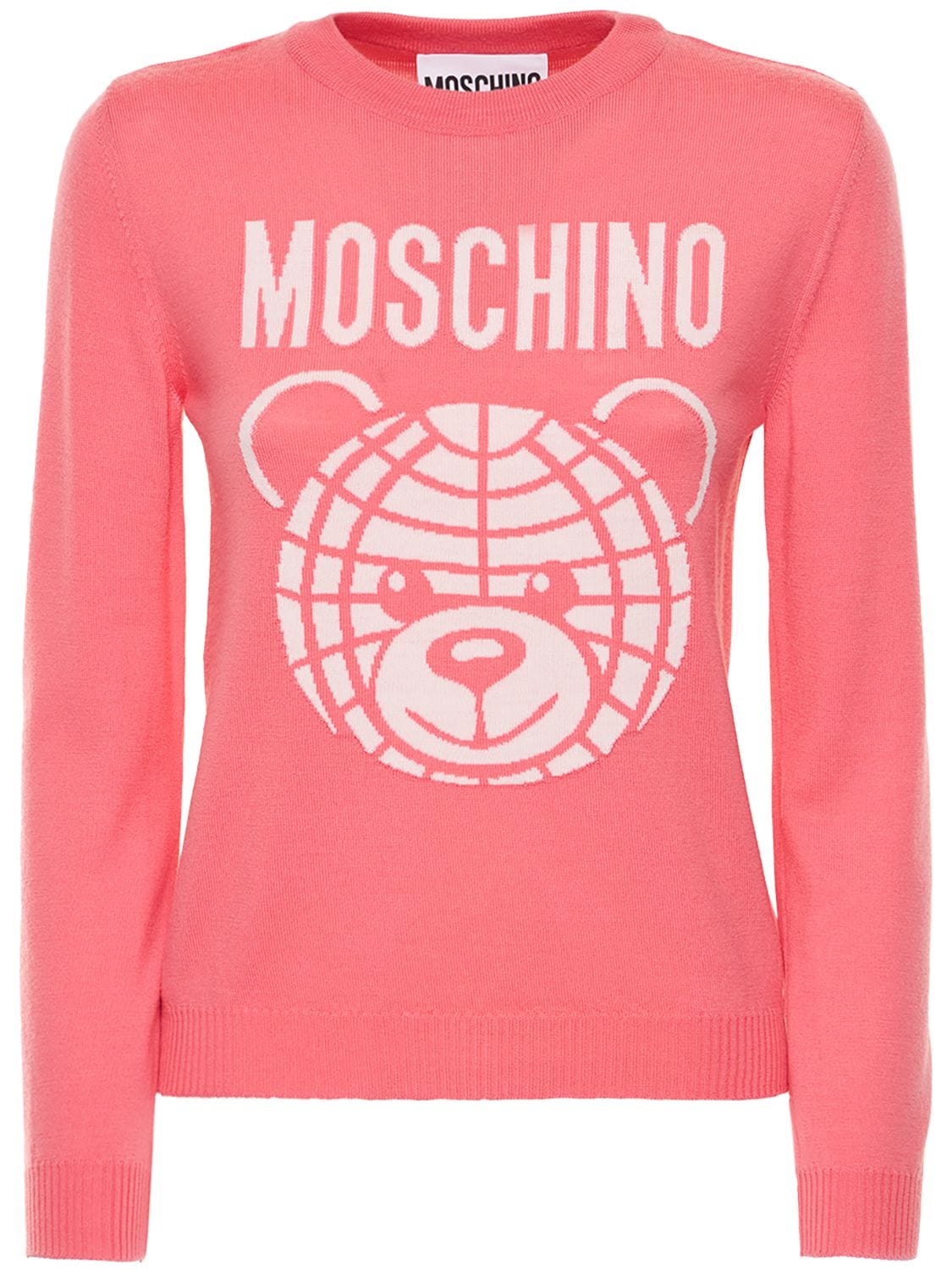 Moschino Wool Knit Logo Teddy Crewneck Sweater In Pink