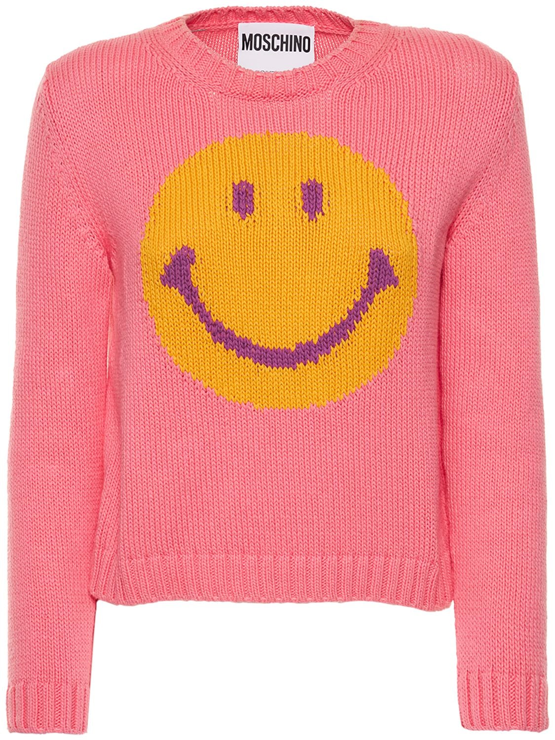 Moschino Cotton Knit Smiley Crewneck Sweater In Orange