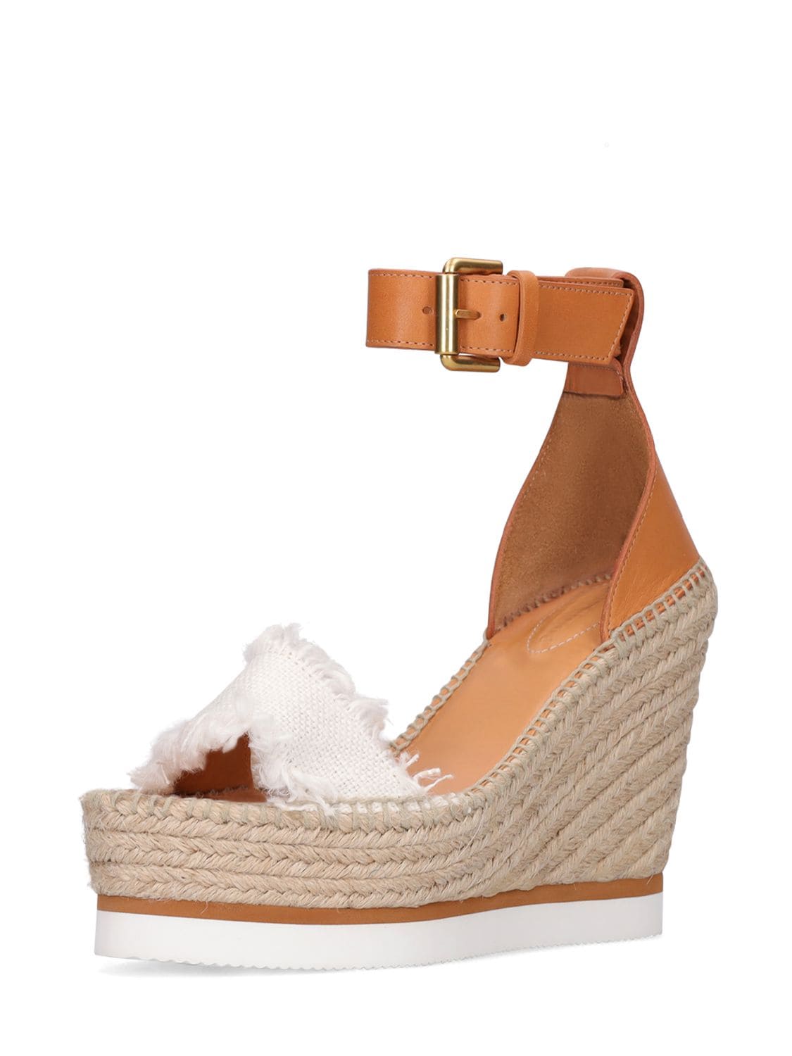 Shop See By Chloé 120mm Glyn Canvas & Leather Wedges In White,brown