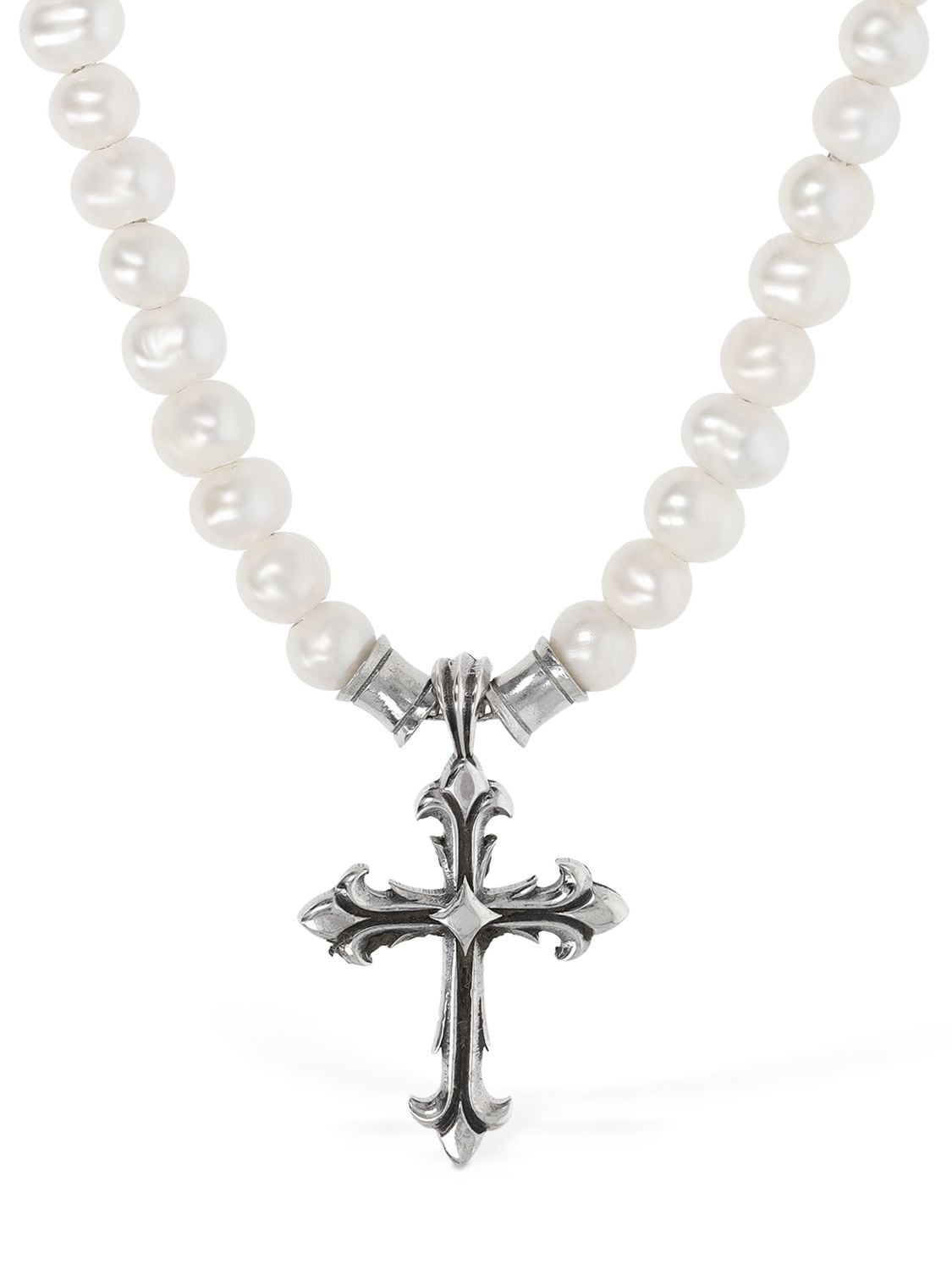 Shop Emanuele Bicocchi Pearl Chain Necklace W/ Cross In Pearl,silver
