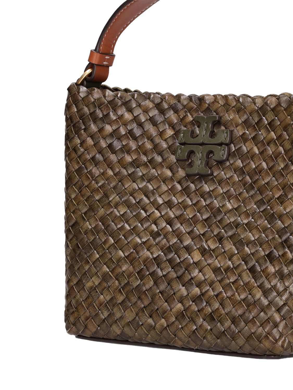 Tory Burch Mcgraw Dragon Woven Small Bucket Bag in Brown
