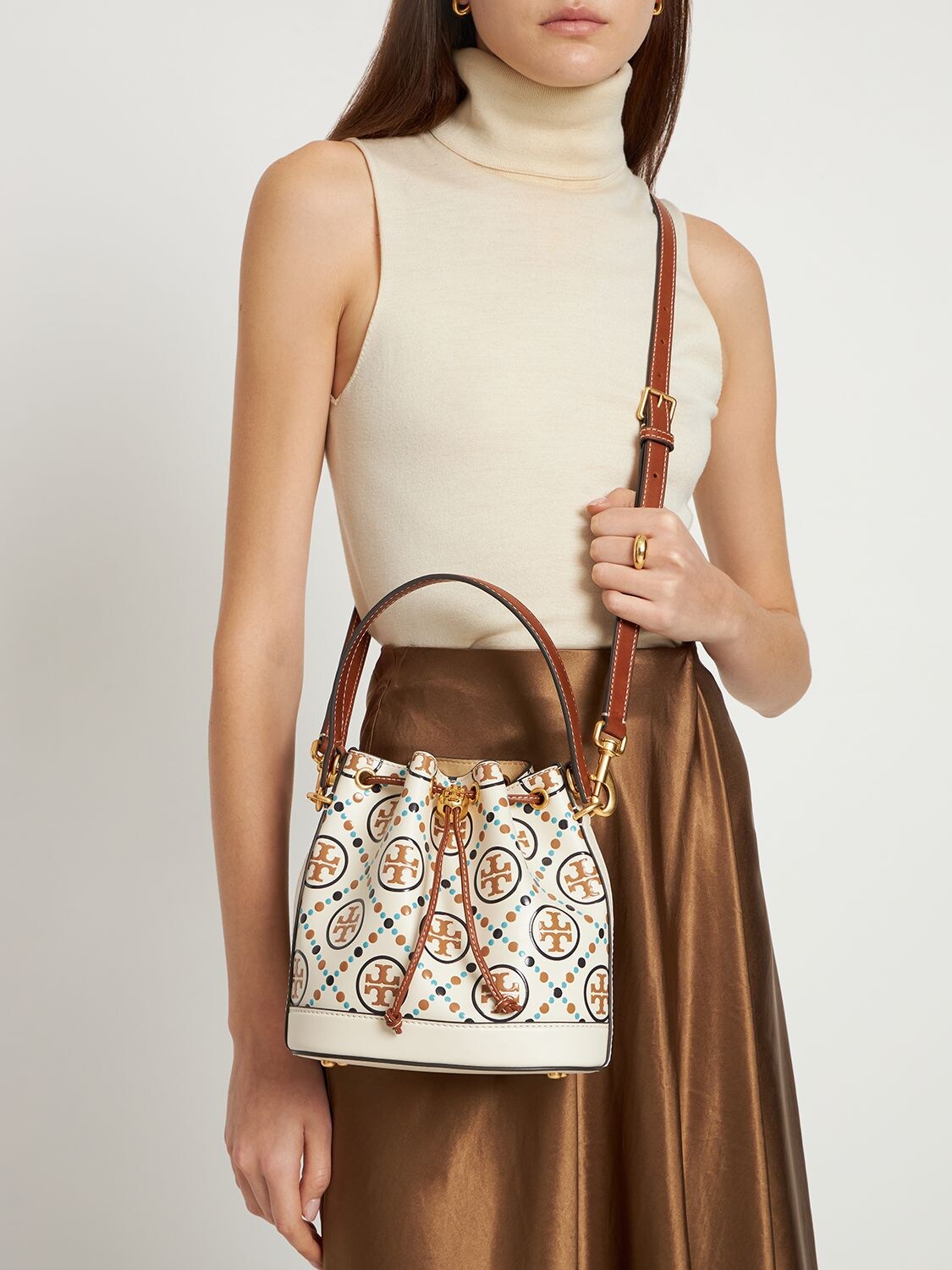 T Monogram Contrast Embossed Bucket Bag: Women's Designer Crossbody Bags