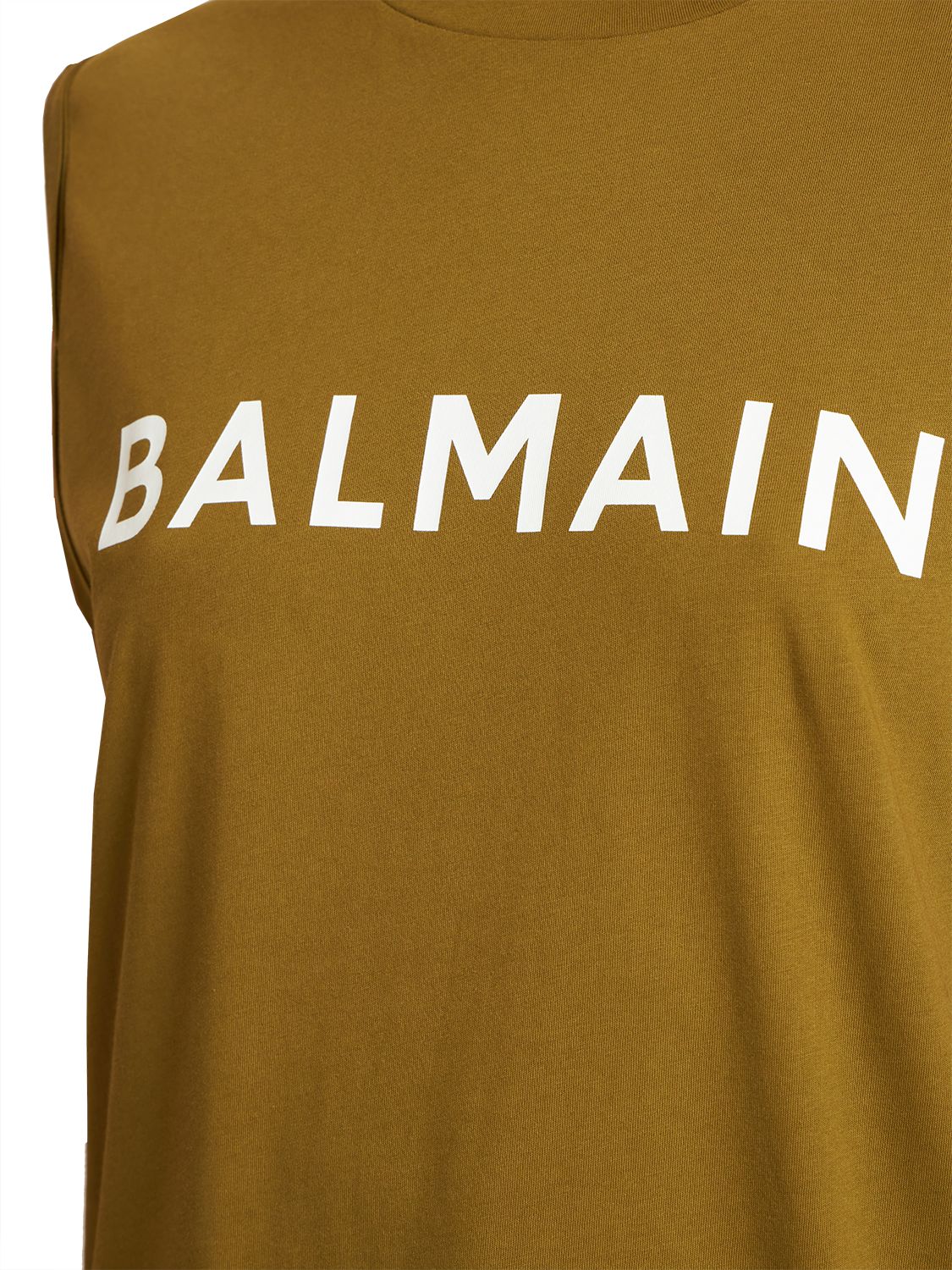 Shop Balmain Logo Print Organic Cotton Tank Top In Military Green