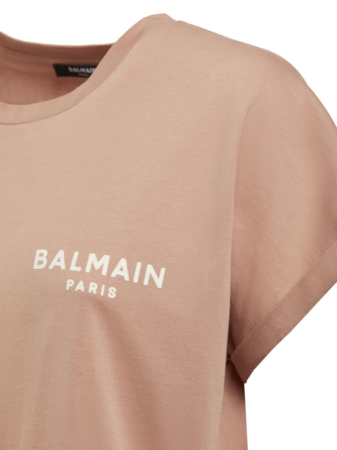 Shop Balmain Flocked Logo Cotton Jersey T-shirt In Nude,white
