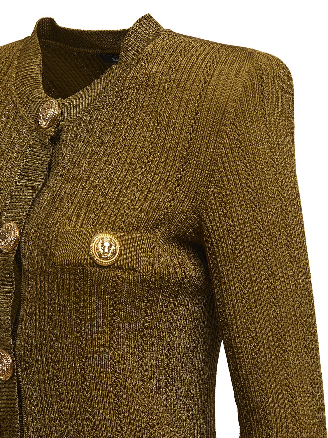 Shop Balmain Buttoned Viscose Rib Knit Cardigan In Military Green