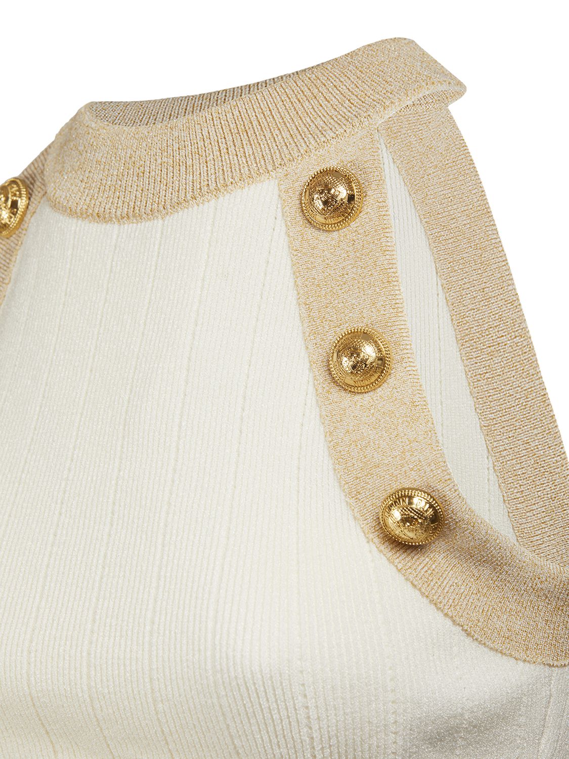 Shop Balmain Sleeveless Viscose Knit Crop Top In White,gold