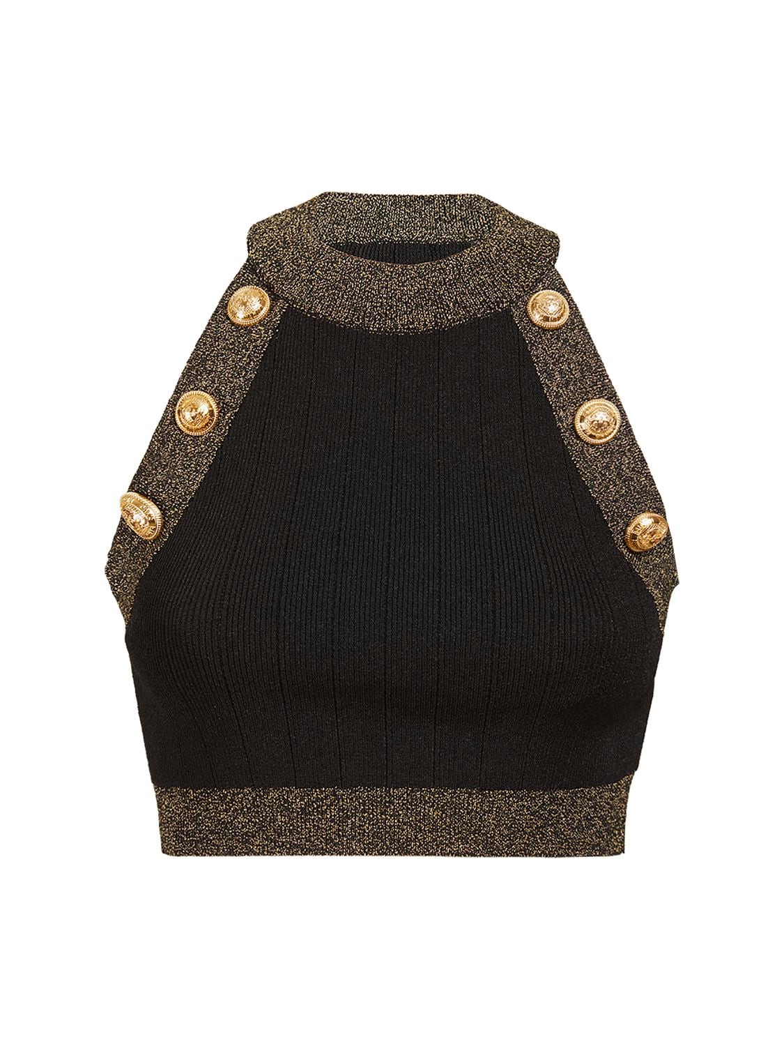 Shop Balmain Sleeveless Viscose Knit Crop Top In Black,gold