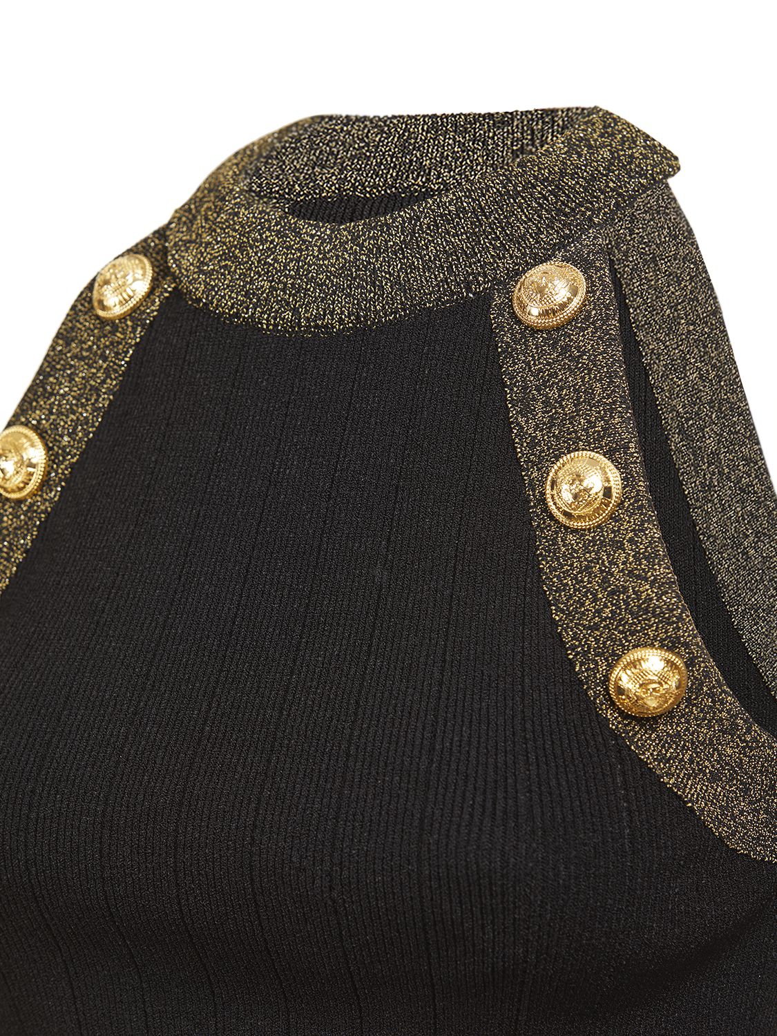 Shop Balmain Sleeveless Viscose Knit Crop Top In Black,gold