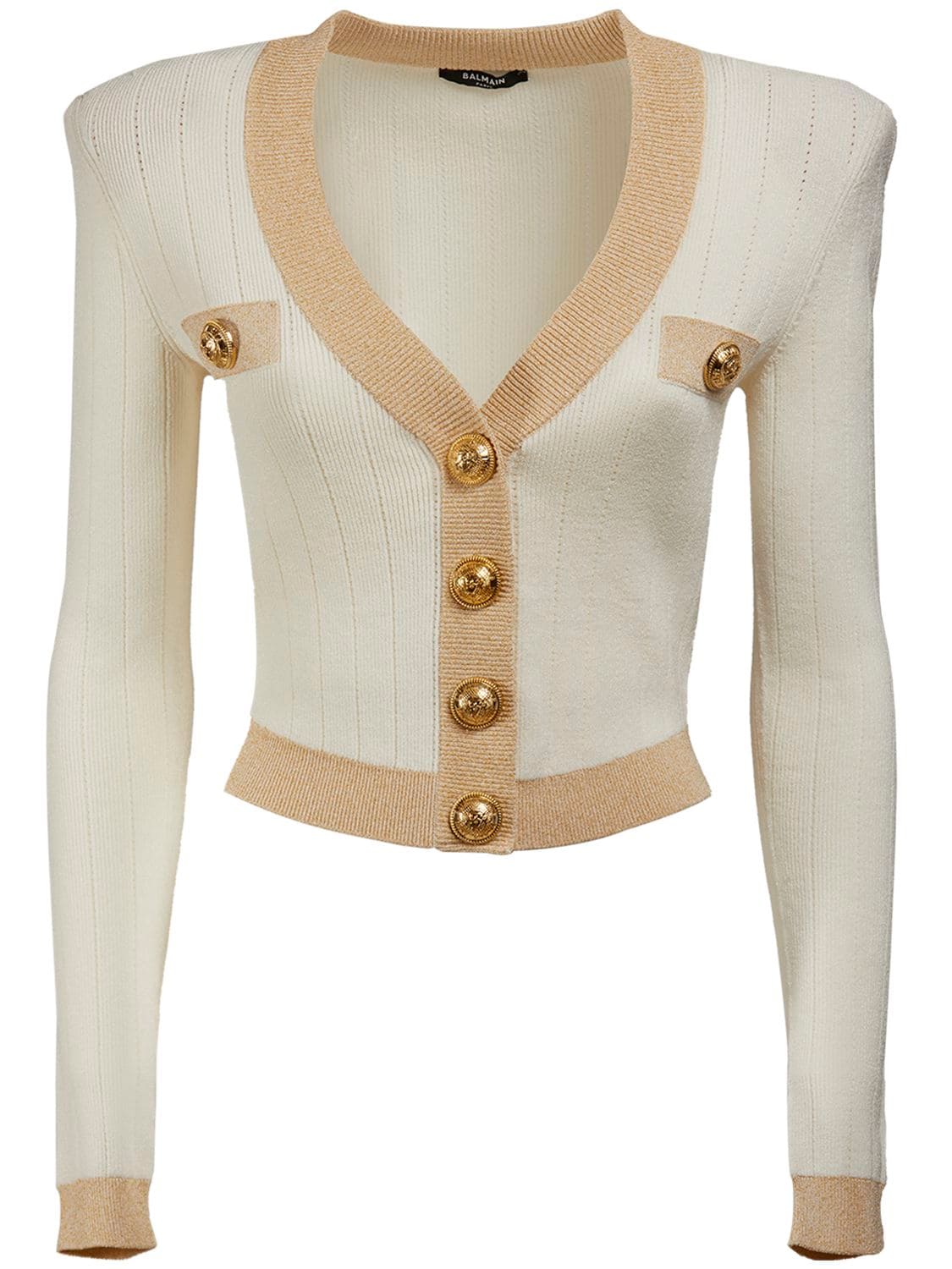 Balmain Strong-shoulder Metallic-edge Pointelle Knit Crop Cardigan In Bianco/oro