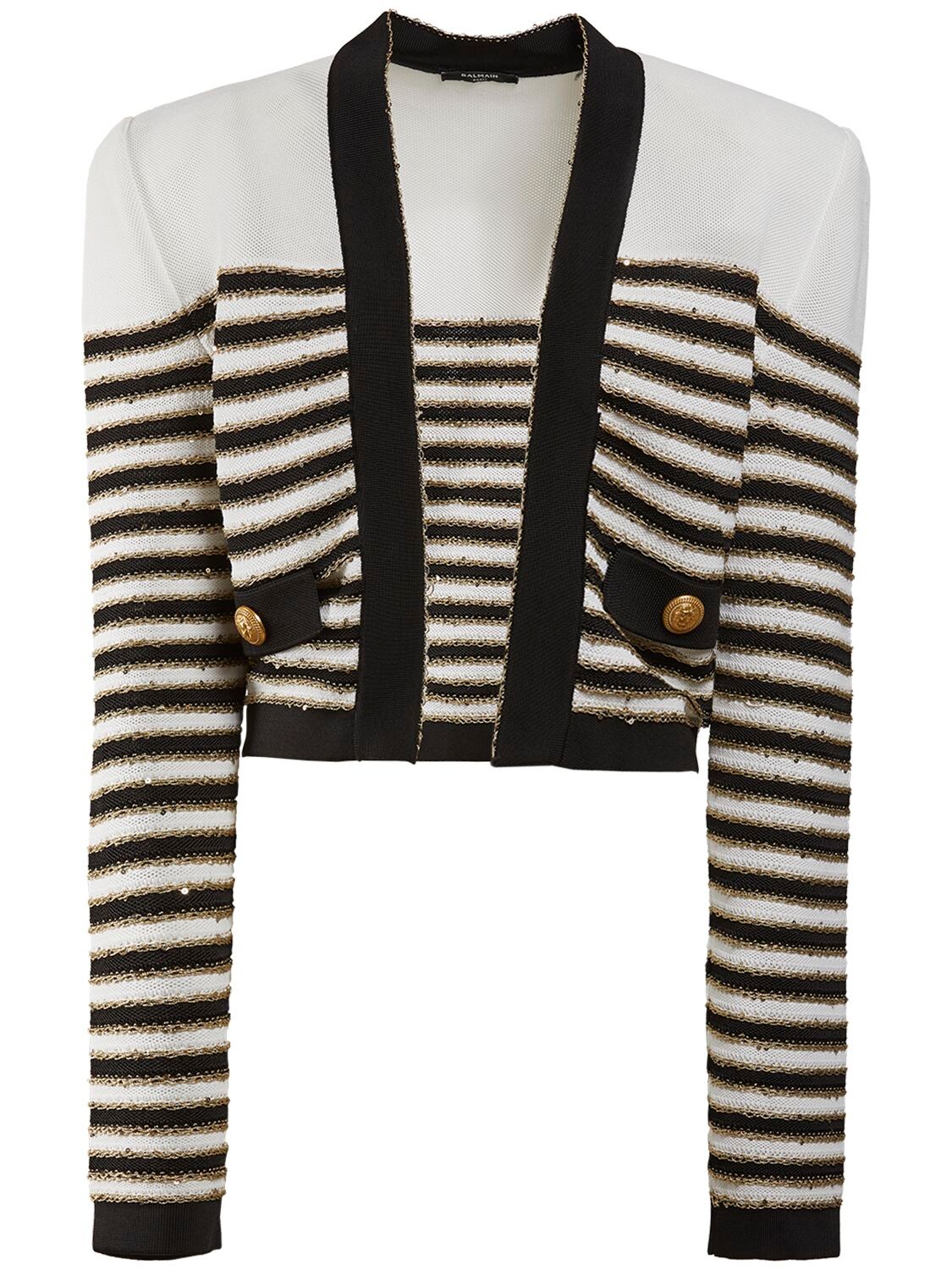 Balmain Striped Viscose Knit Open Jacket In Black,white