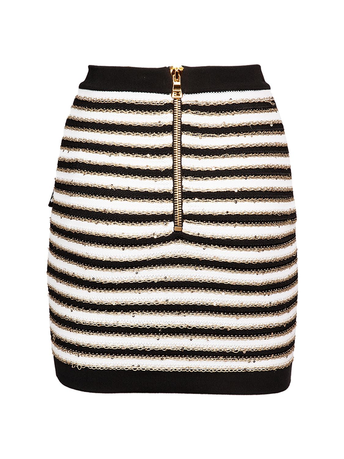 Shop Balmain Striped Viscose Knit Button Mini Skirt In Black,white