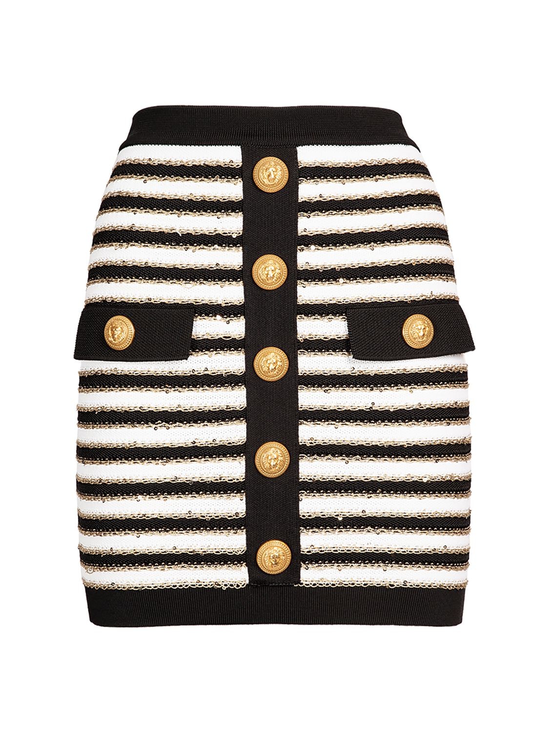 BALMAIN Striped Viscose Knit Button Mini Skirt
