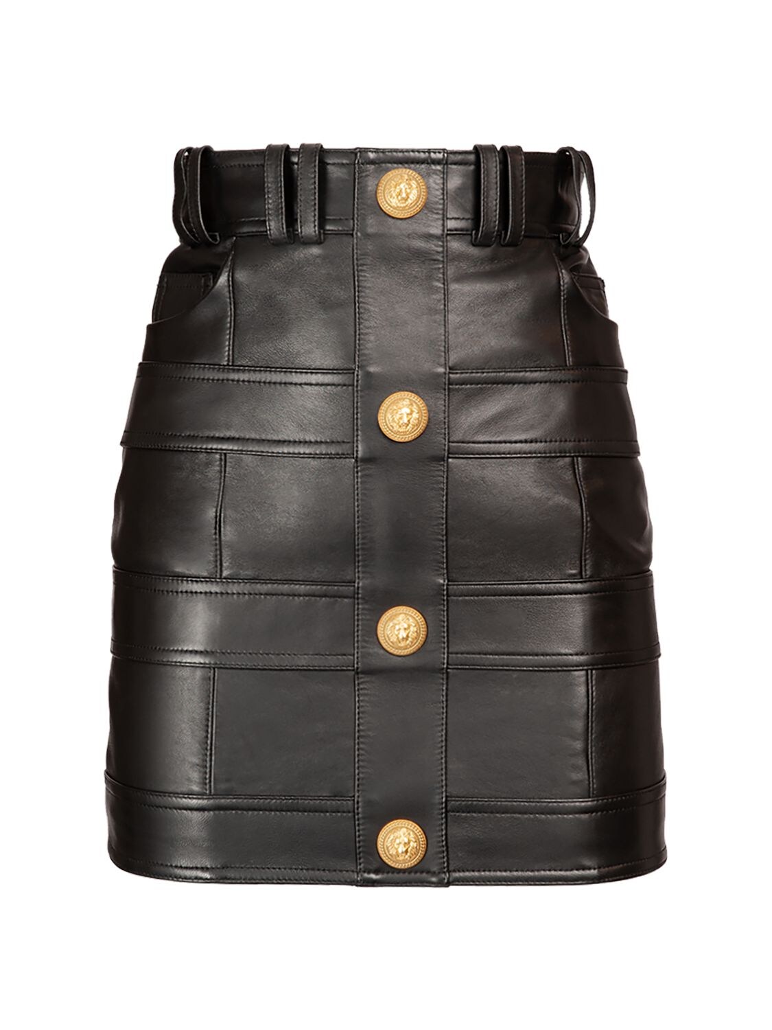 BALMAIN High Waist Buttoned Leather Mini Skirt