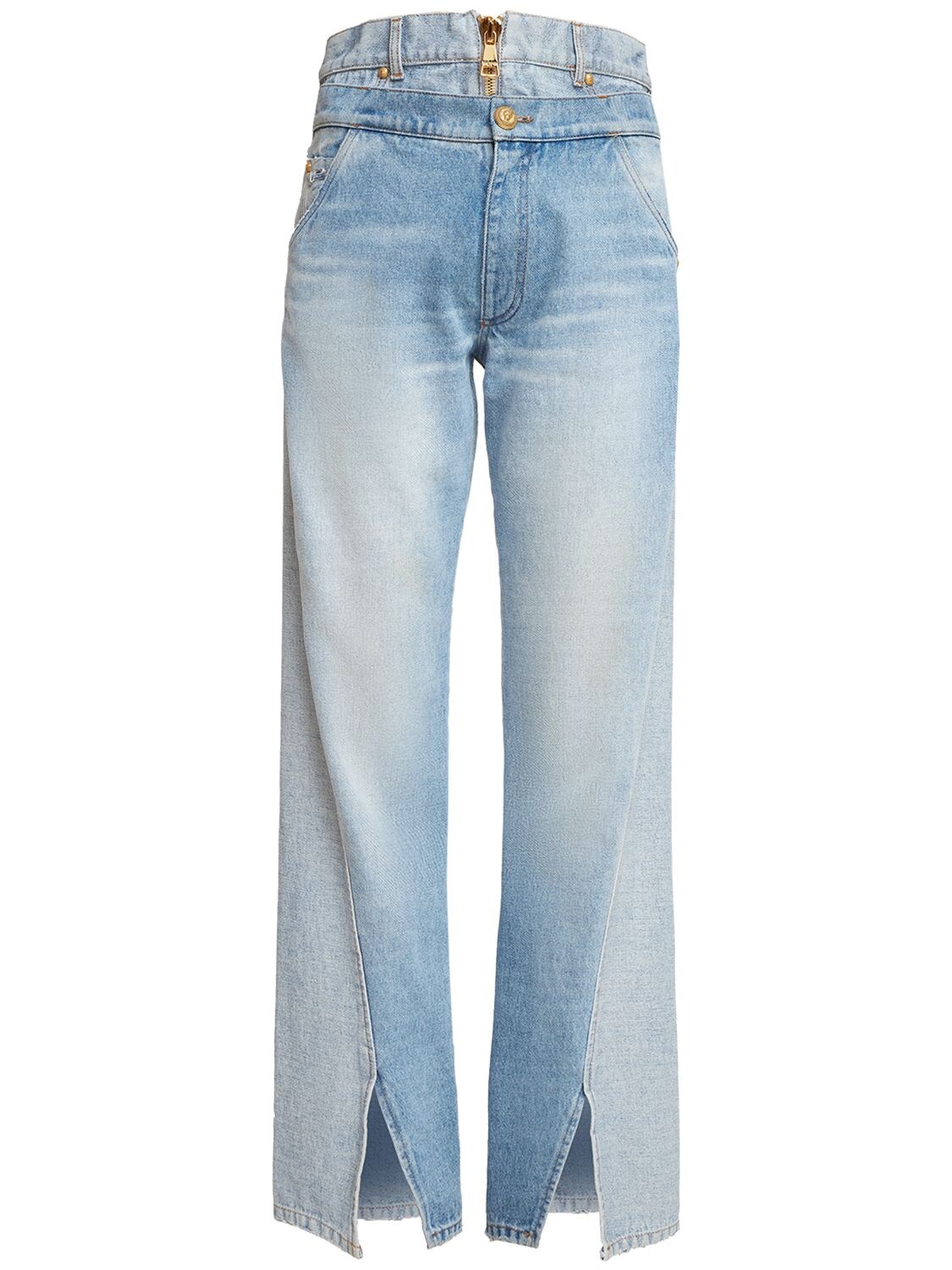 BALMAIN VINTAGE COTTON DENIM HYBRID WIDE JEANS