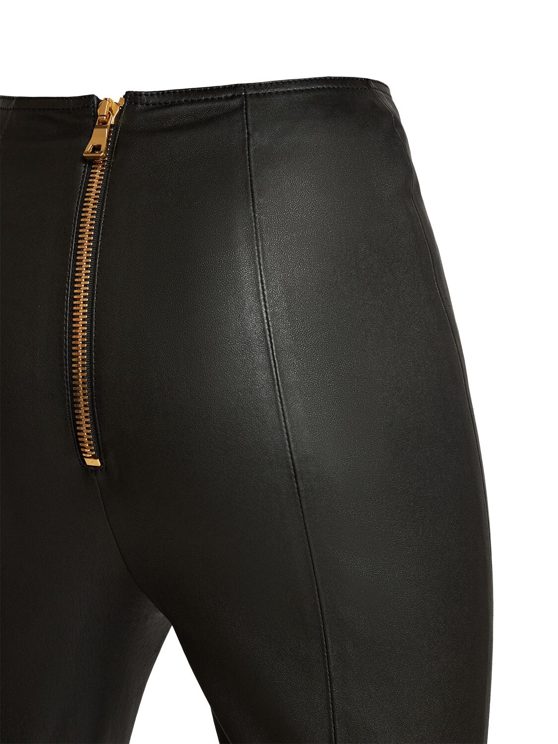 Shop Balmain High Waist Leather Skinny Pants In Black
