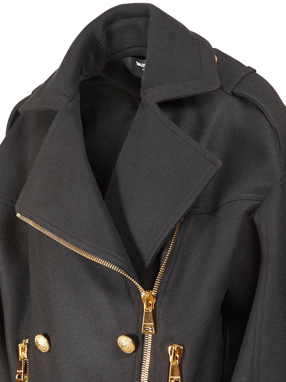 Shop Balmain Oversize Boiled Wool Zip Short Coat In Black