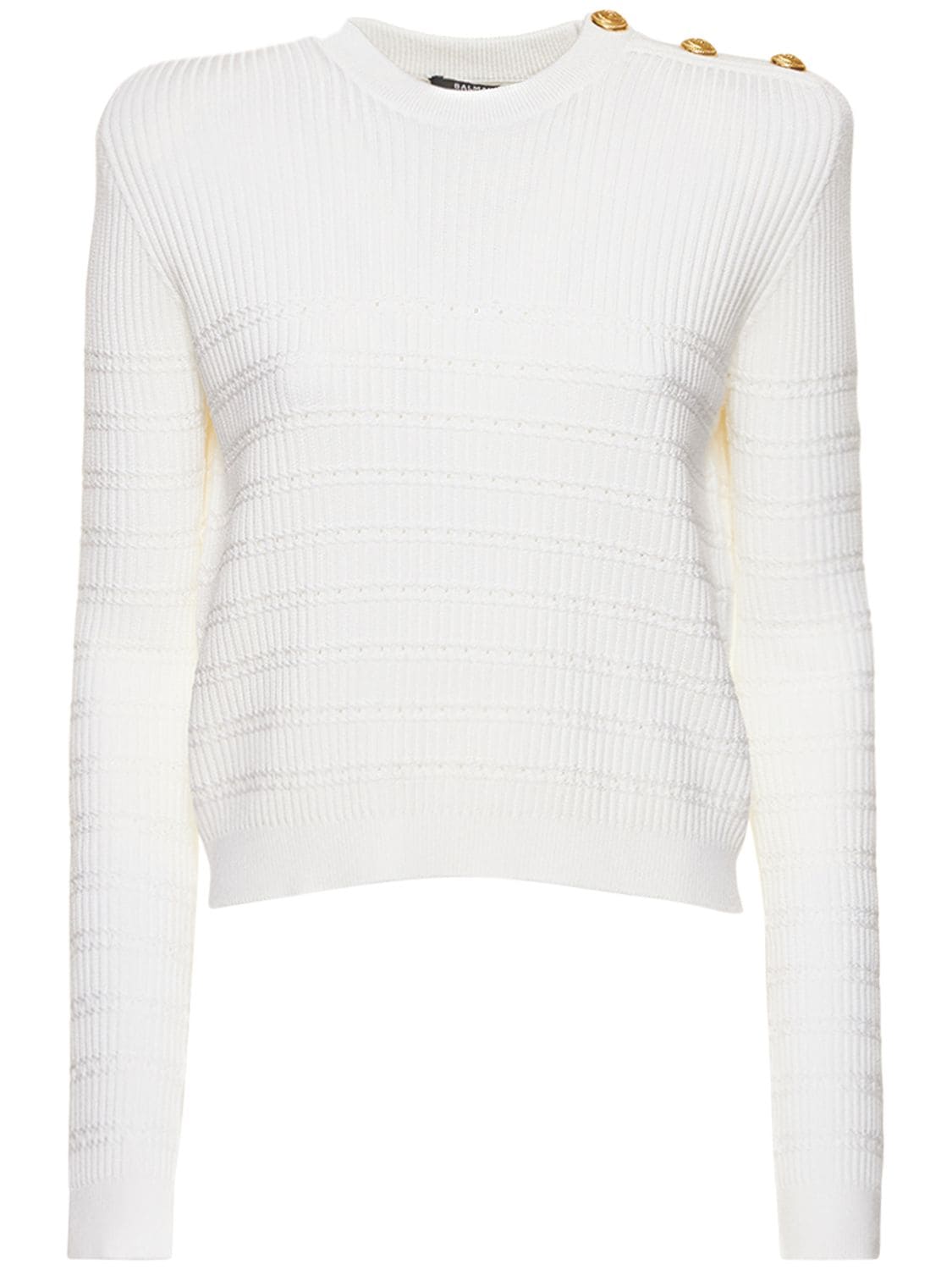 Balmain Viscose Rib Knit Crewneck Sweater In White