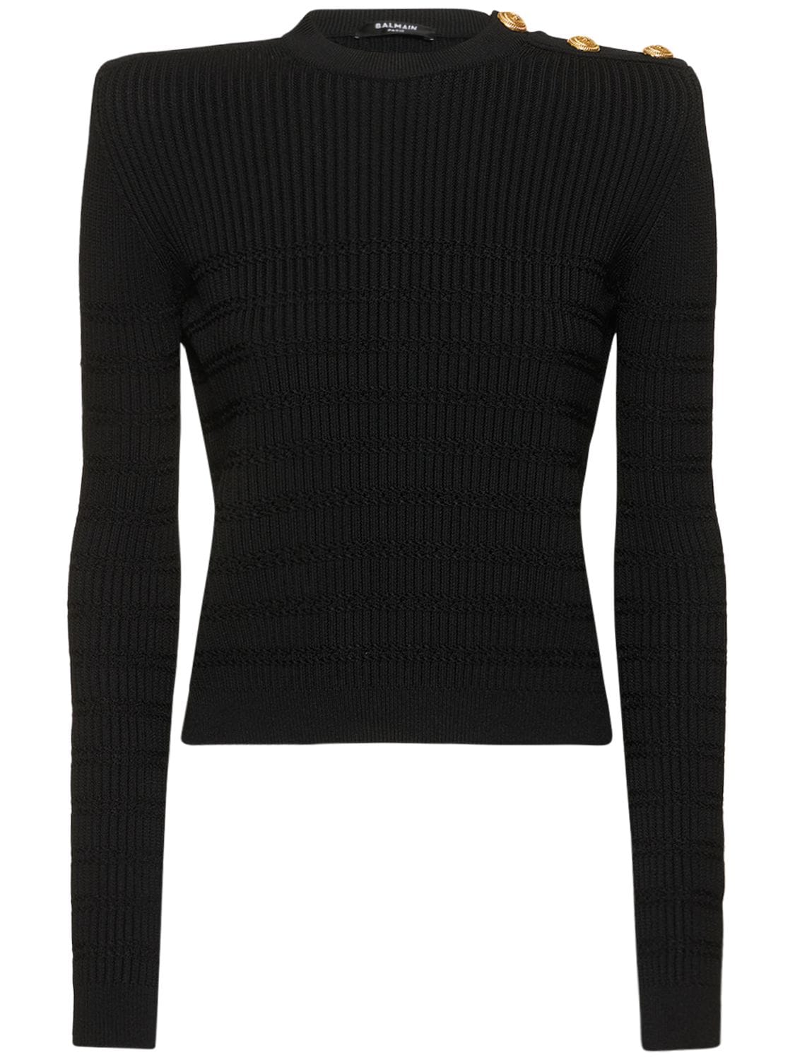 Balmain Viscose Rib Knit Crewneck Sweater In Black