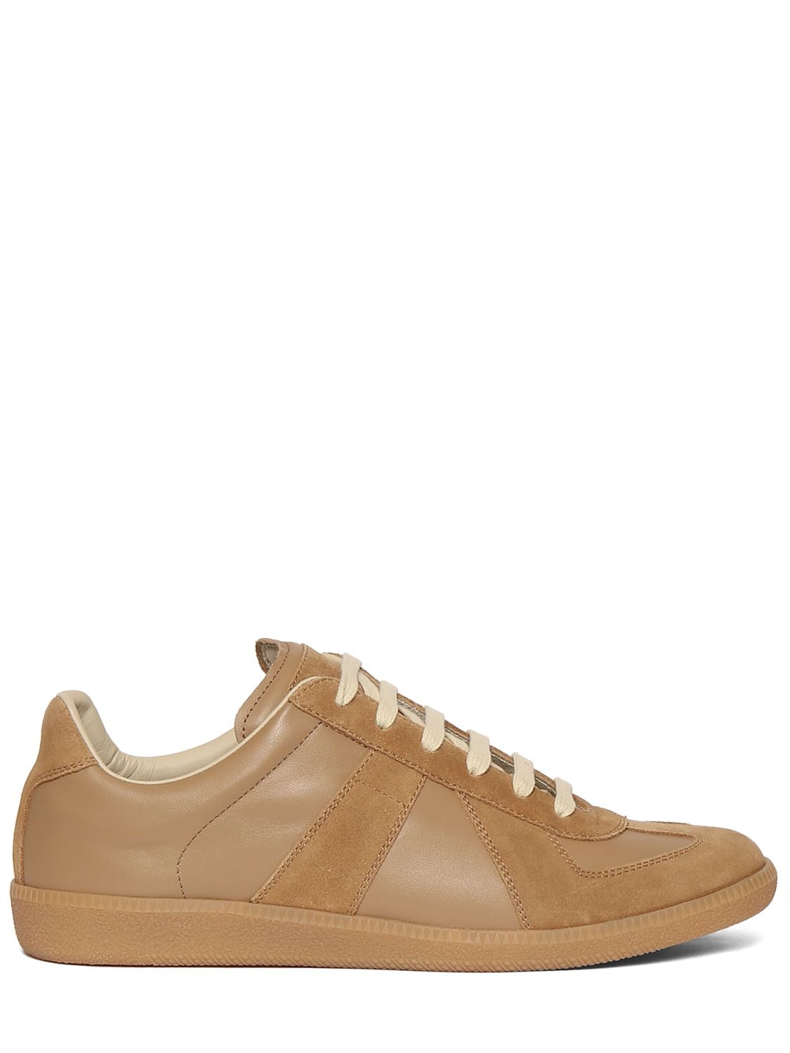 Shop Maison Margiela Replica Leather & Suede Low Top Sneakers In Chamois